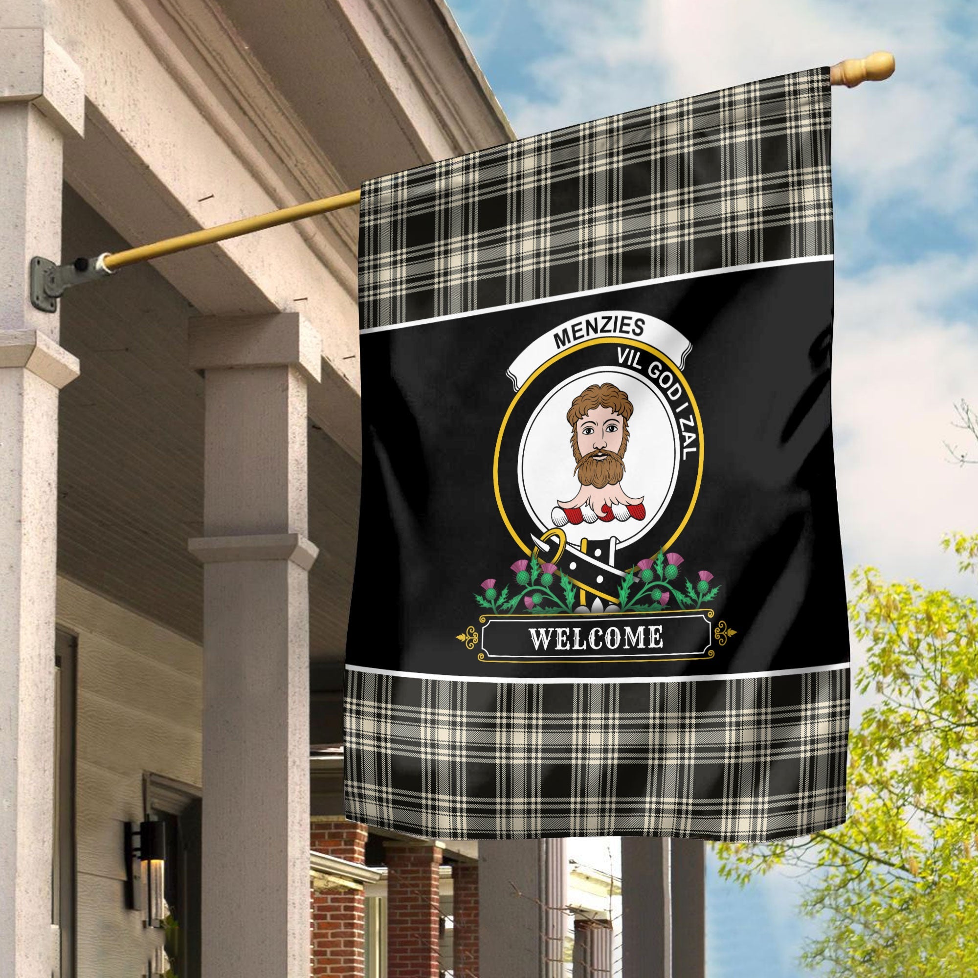 Clan Menzies Black _ White Ancient Tartan Crest Garden Flag  - Welcome  TM42 Clan Menzies Tartan Today   