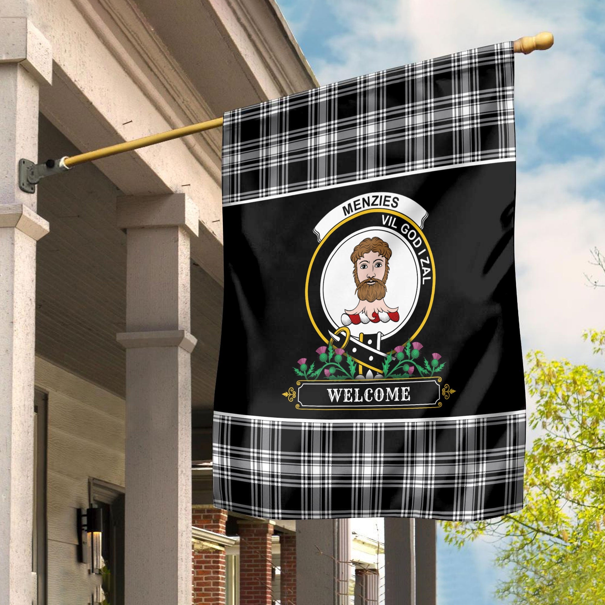 Clan Menzies Black _ White Modern Tartan Crest Garden Flag  - Welcome  DI48 Clan Menzies Tartan Today   