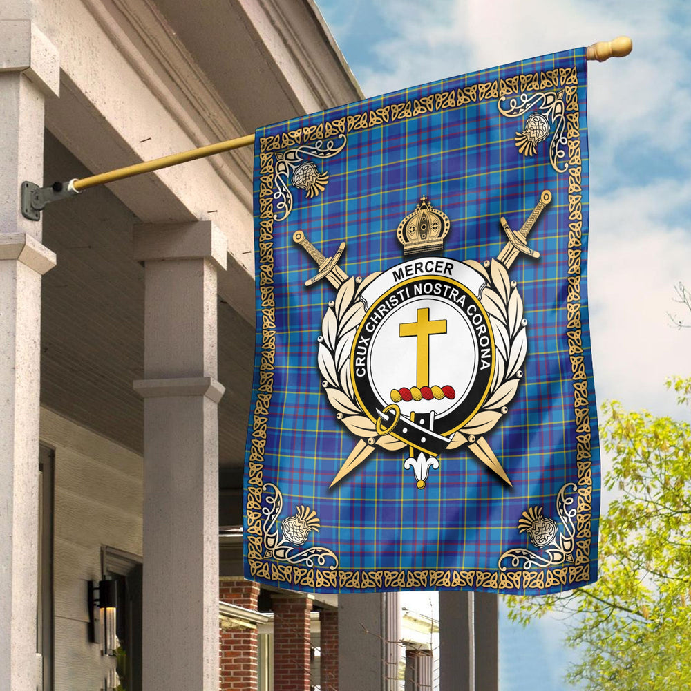Clan Mercer Modern Tartan Crest Garden Flag  - Celtic Thistle  QX51 Clan Mercer Tartan Today   