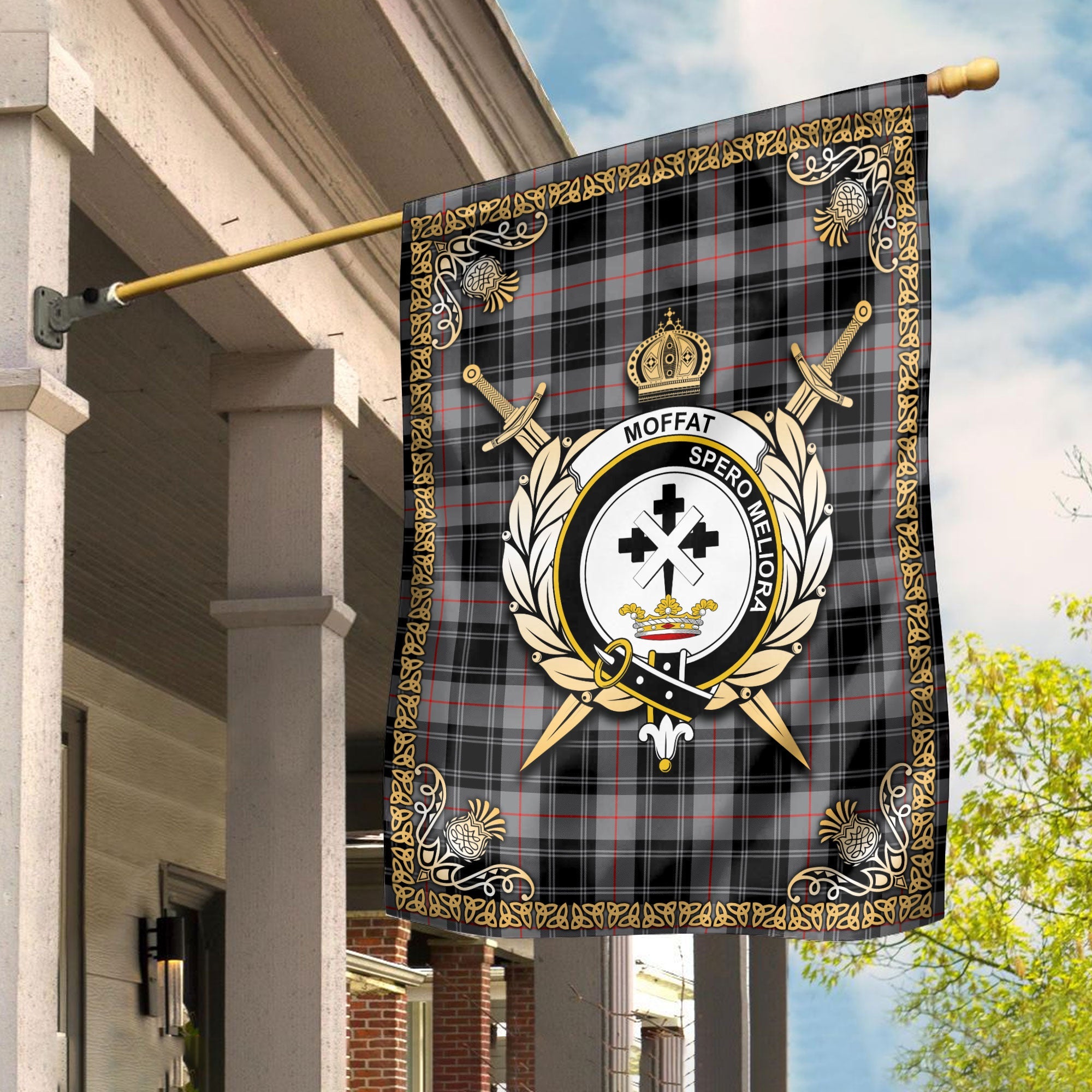 Clan Moffat Modern Tartan Crest Garden Flag  - Celtic Thistle  UO63 Clan Moffat Tartan Today   