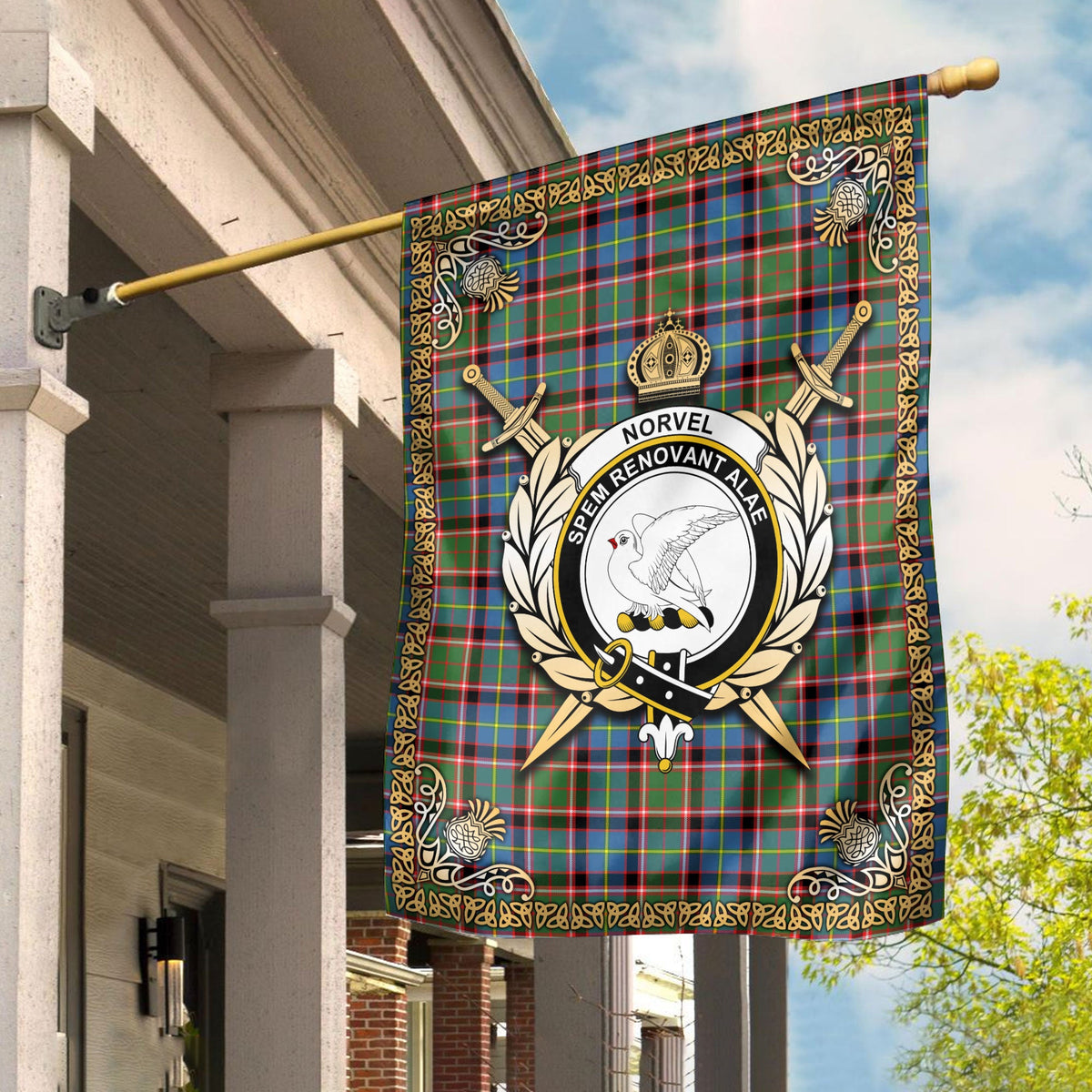 Clan Norvel (or Norvill) Tartan Crest Garden Flag  - Celtic Thistle  KK23 Clan Norvel Tartan Today   