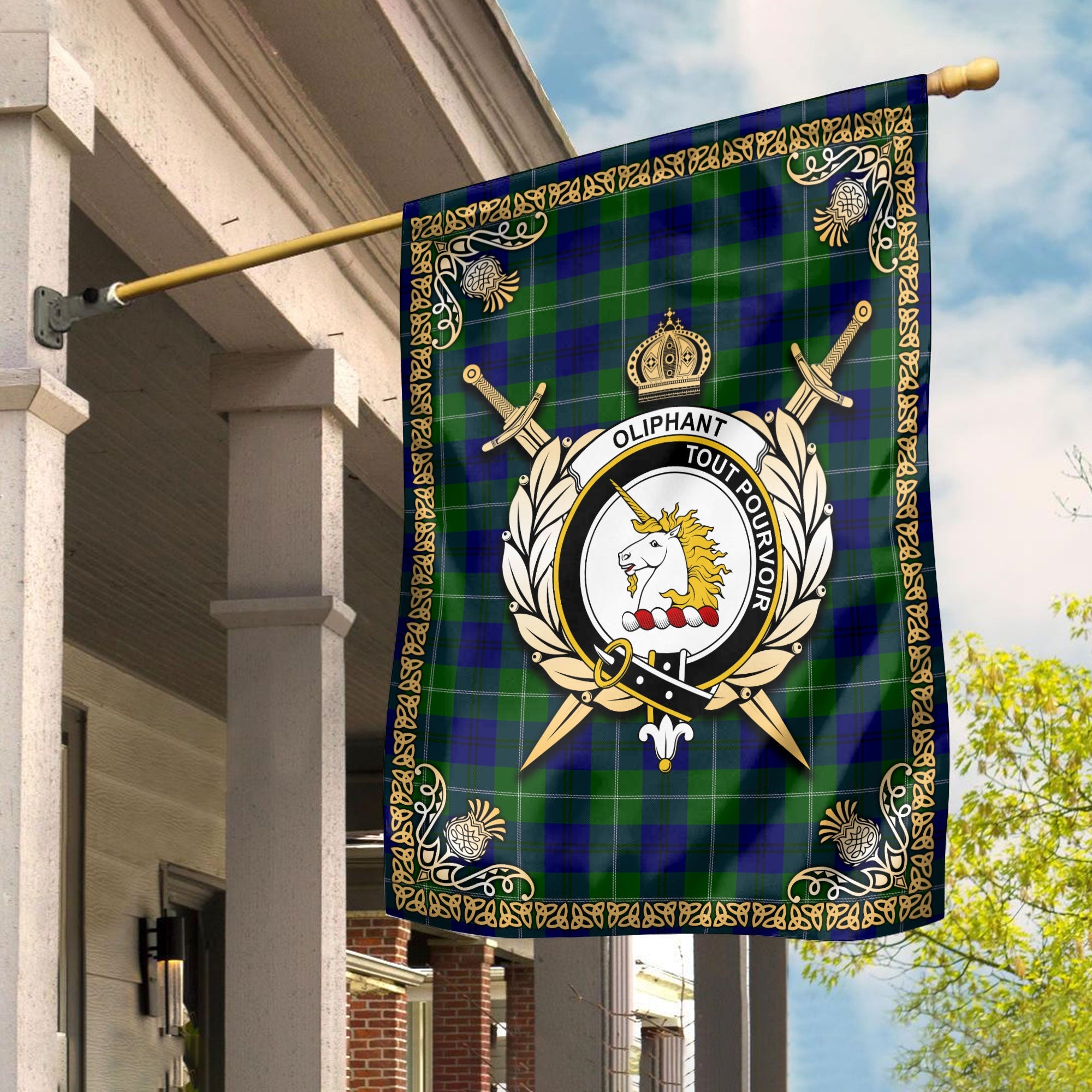 Clan Oliphant Modern Tartan Crest Garden Flag  - Celtic Thistle  QO22 Clan Oliphant Tartan Today   