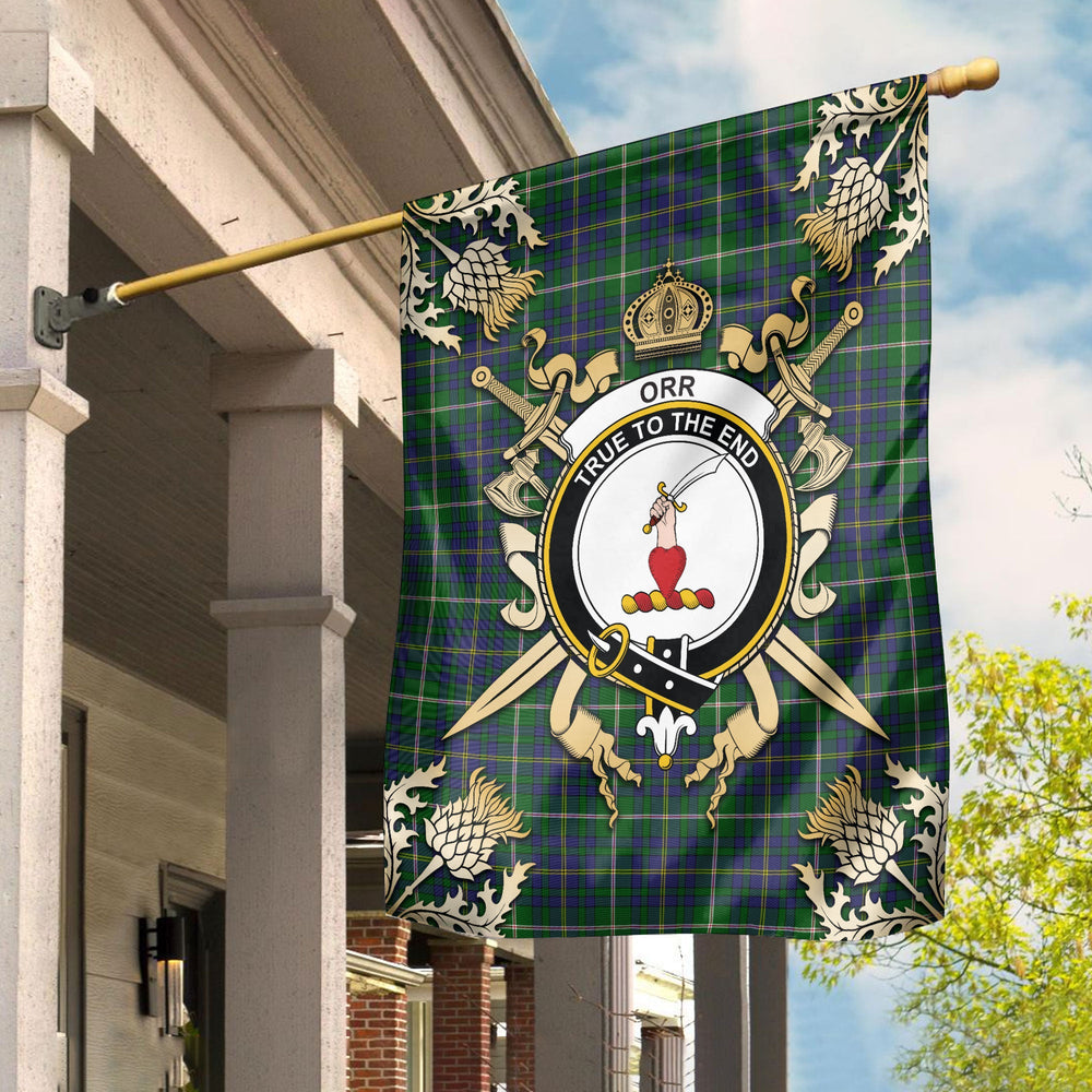 Clan Orr Tartan Crest Black Garden Flag  - Gold Thistle  CI60 Clan Garden Tartan Today   