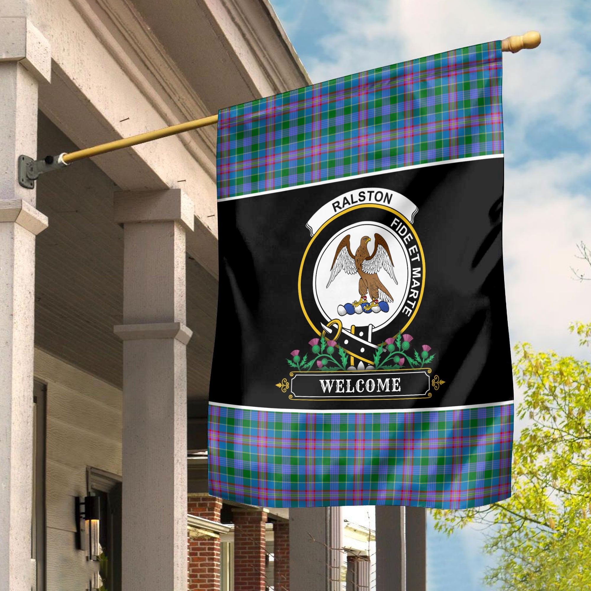 Clan Ralston Tartan Crest Garden Flag  - Welcome  NI54 Clan Ralston Tartan Today   