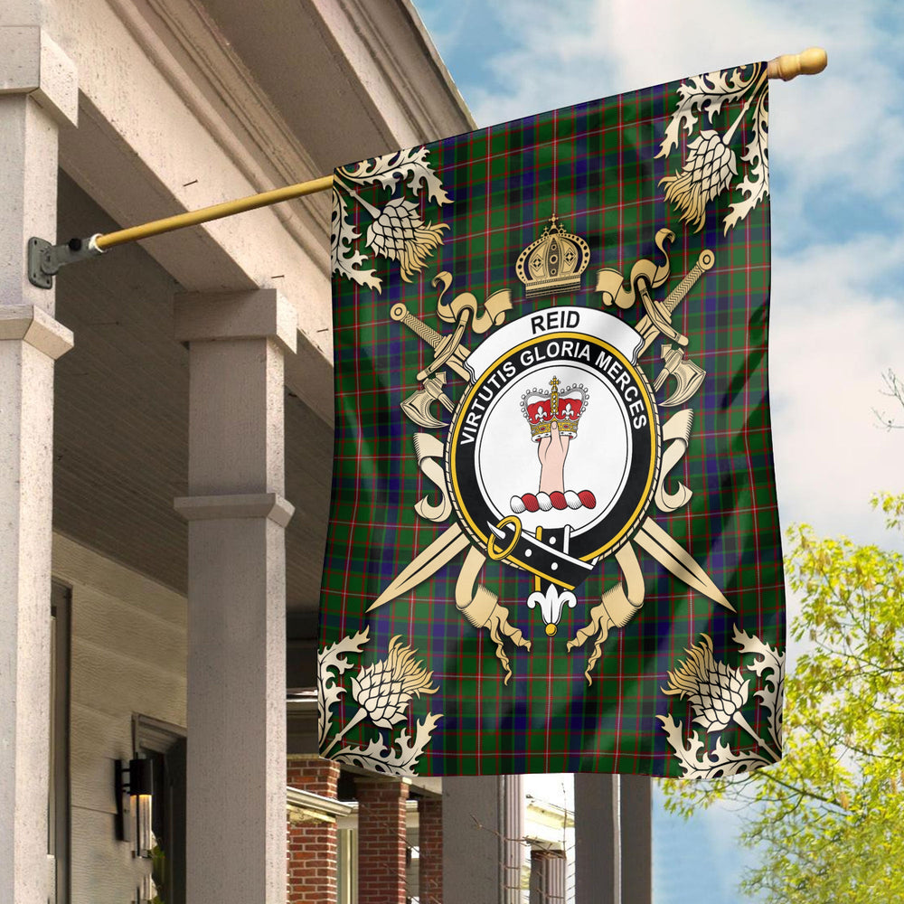 Clan Reid Green Tartan Crest Black Garden Flag  - Gold Thistle  UF28 Clan Garden Tartan Today   