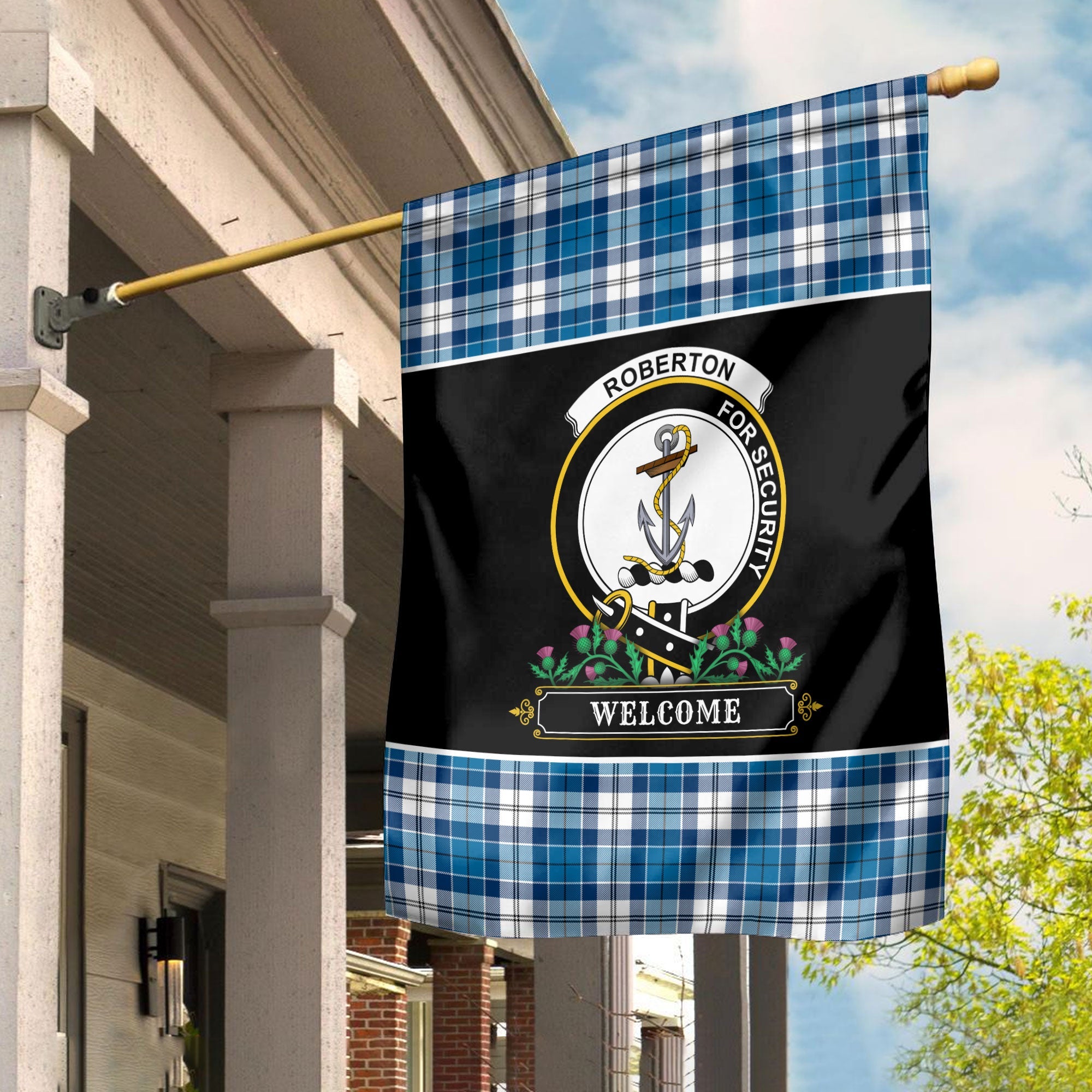 Clan Roberton Tartan Crest Garden Flag  - Welcome  GU69 Clan Roberton Tartan Today   