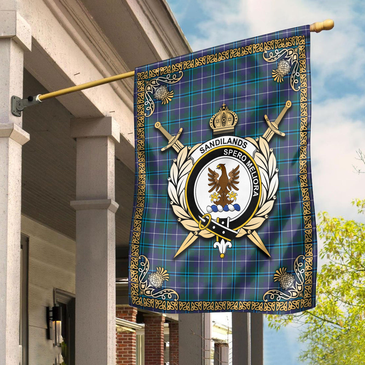 Clan Sandilands Tartan Crest Garden Flag  - Celtic Thistle  IQ75 Clan Sandilands Tartan Today   