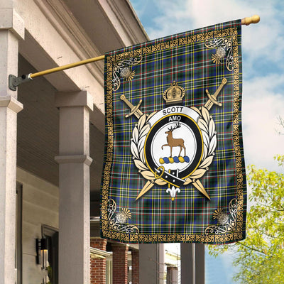 Clan Scott Green Modern Tartan Crest Garden Flag - Celtic Thistle QB18