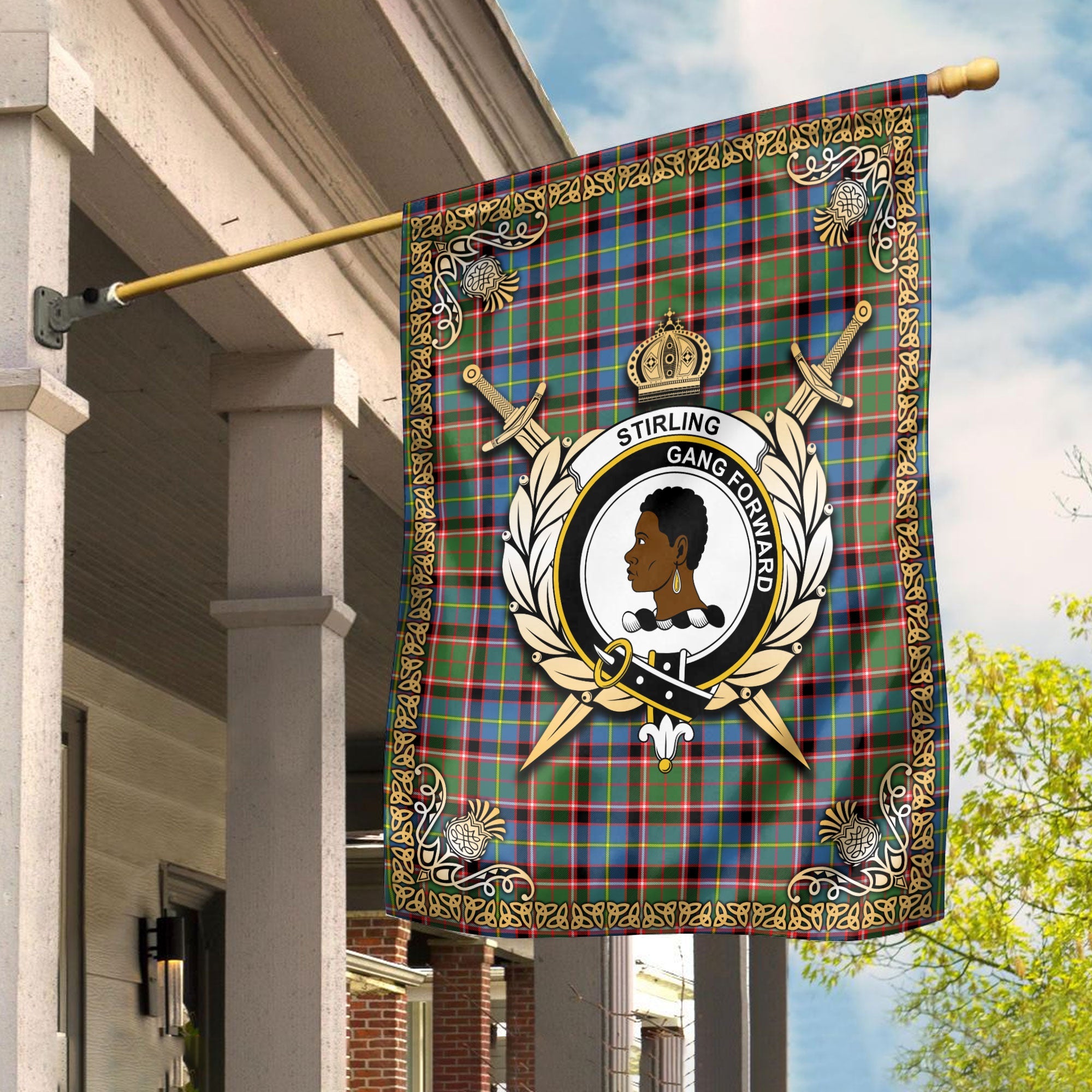 Clan Stirling (of Keir) Tartan Crest Garden Flag  - Celtic Thistle  LZ34 Clan Stirling Tartan Today   