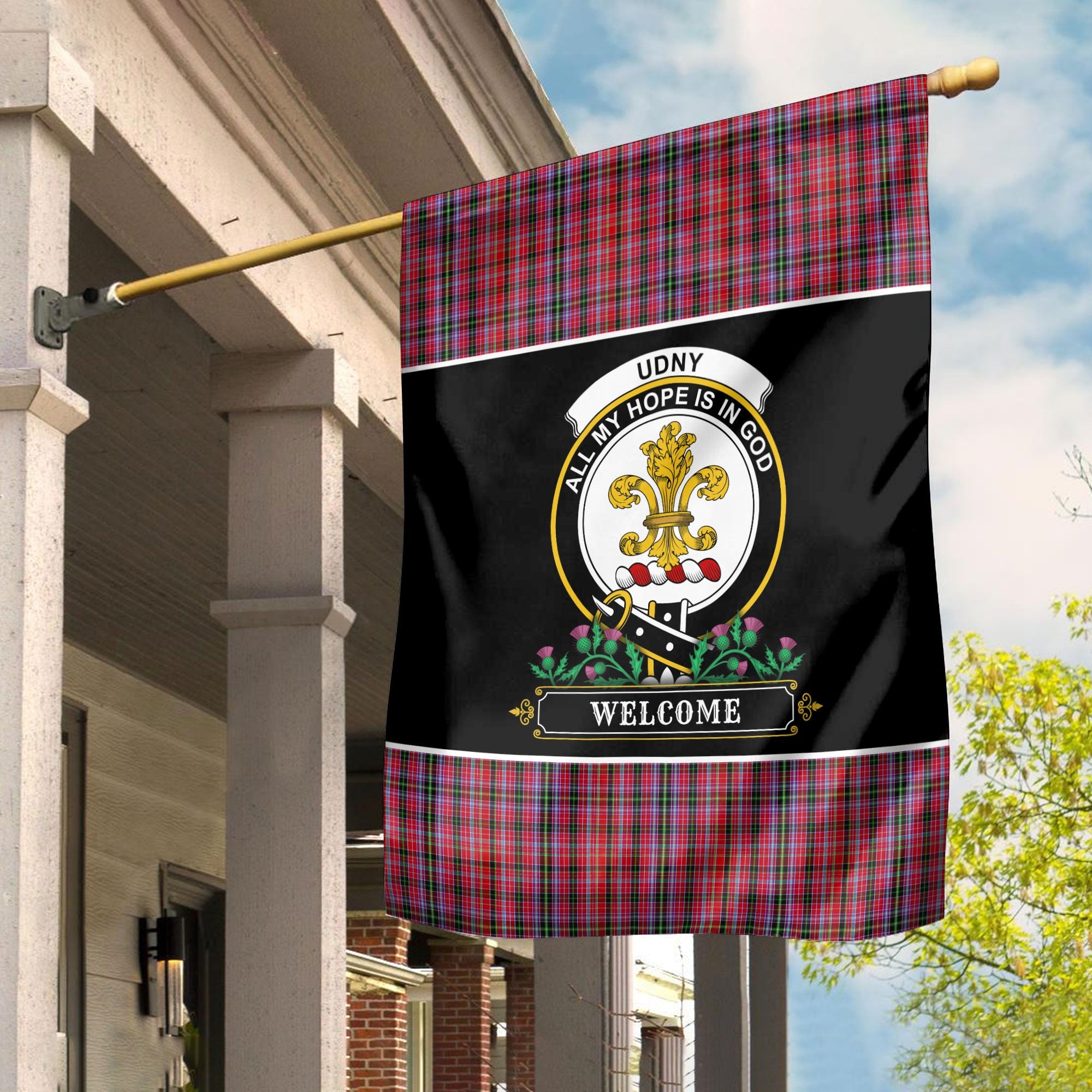 Clan Udny Tartan Crest Garden Flag  - Welcome  JD88 Clan Udny Tartan Today   