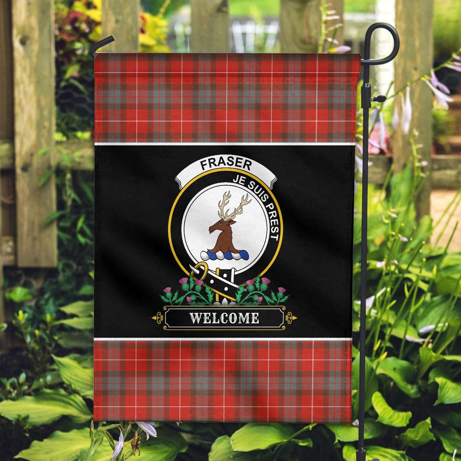 Clan Fraser (of Lovat) Weathered Tartan Crest Garden Flag  - Welcome  HR58 Clan Fraser Tartan Today   