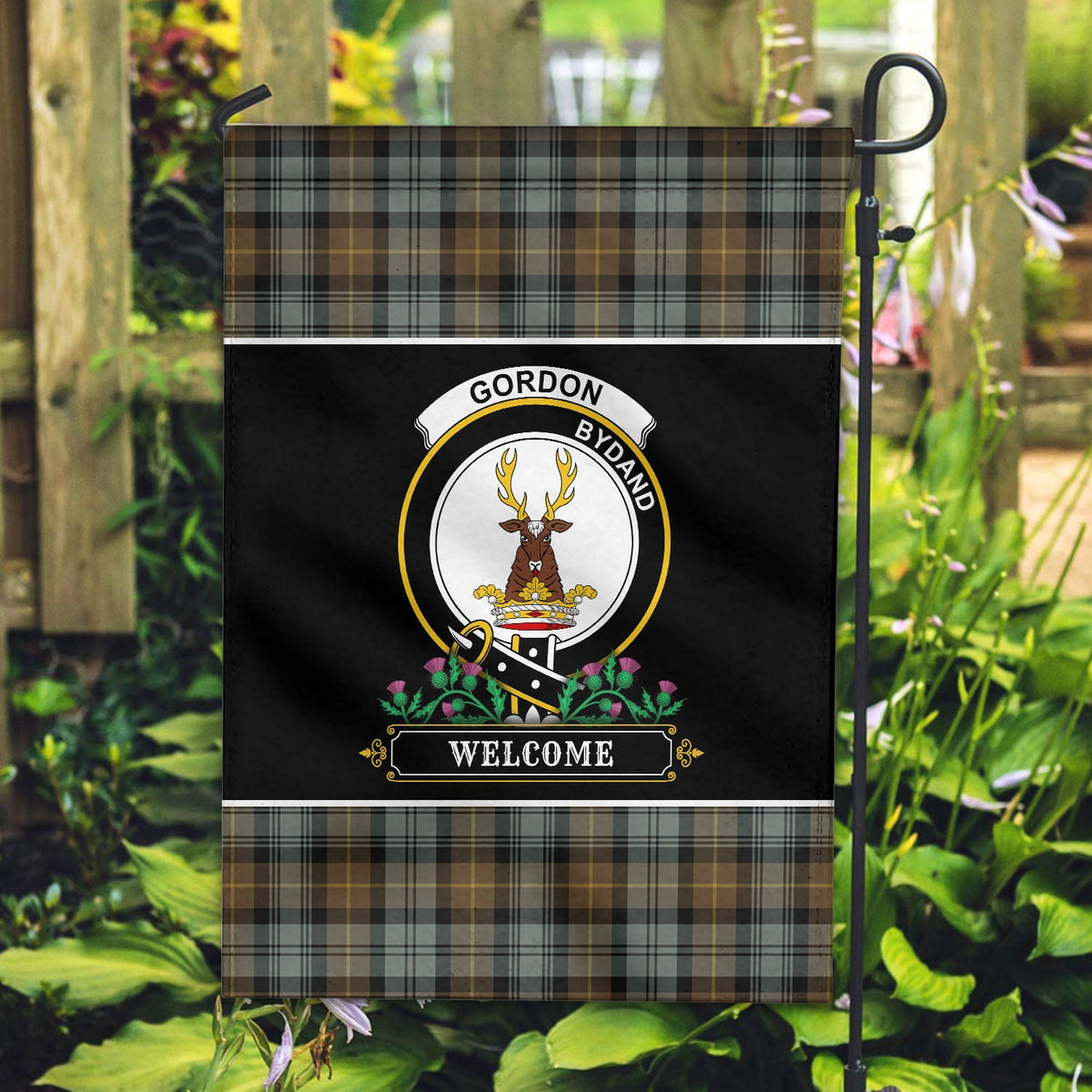 Clan Gordon Weathered Tartan Crest Garden Flag  - Welcome  WI48 Clan Gordon Tartan Today   