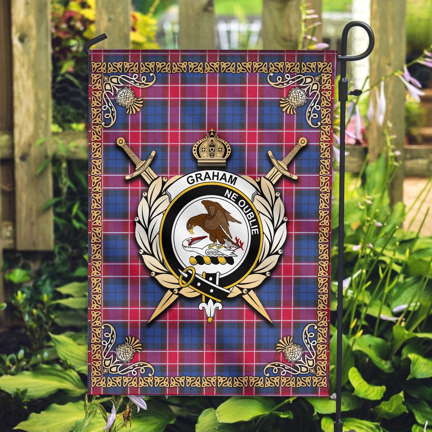 Clan Graham of Menteith Red Tartan Crest Garden Flag  - Celtic Thistle  BW54 Clan Graham Tartan Today   