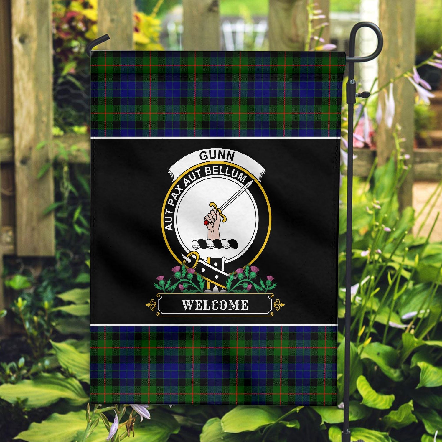 Clan Gunn Modern Tartan Crest Garden Flag  - Welcome  KR74 Clan Gunn Tartan Today   