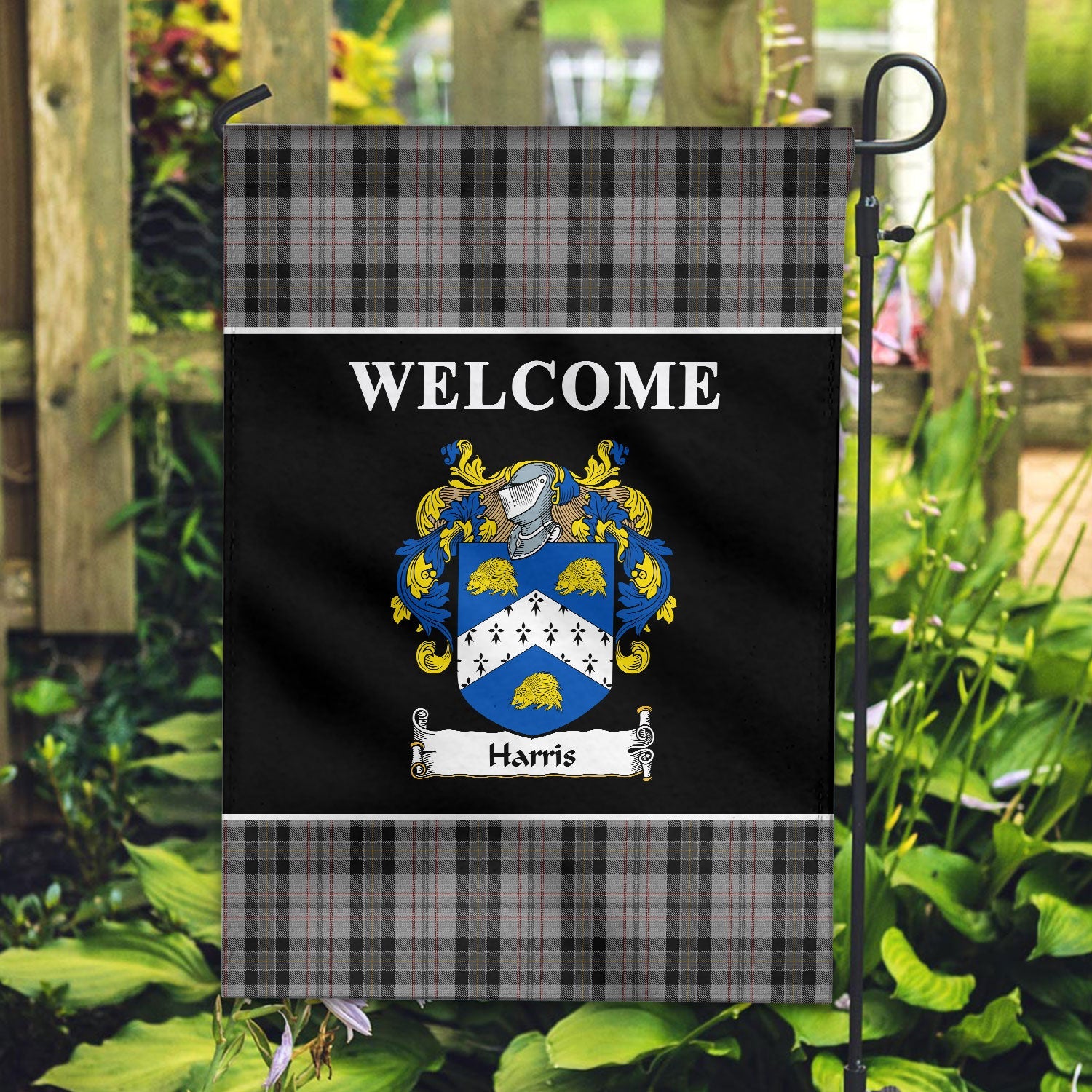 Clan Harris Tartan Crest Black Garden Flag CL61 Clan Garden Tartan Today   