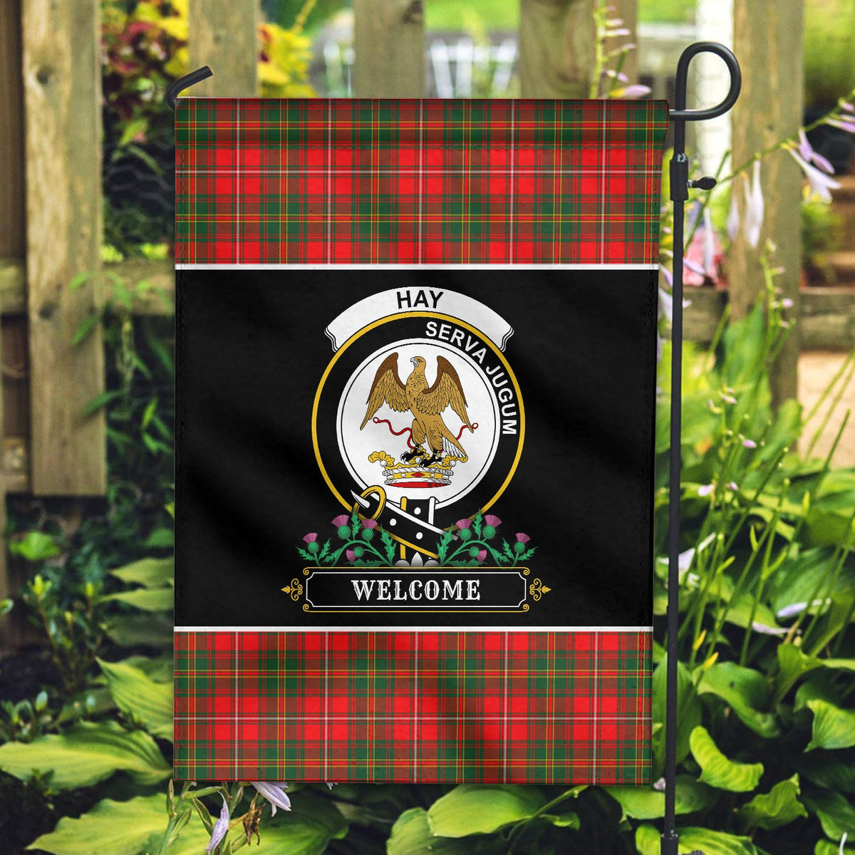 Clan Hay Modern Tartan Crest Garden Flag  - Welcome  BH61 Clan Hay Tartan Today   