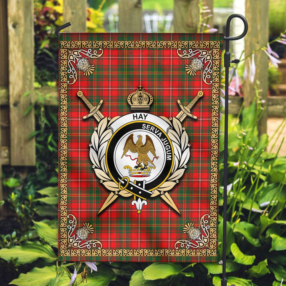 Clan Hay Modern Tartan Crest Garden Flag  - Celtic Thistle  PV28 Clan Hay Tartan Today   