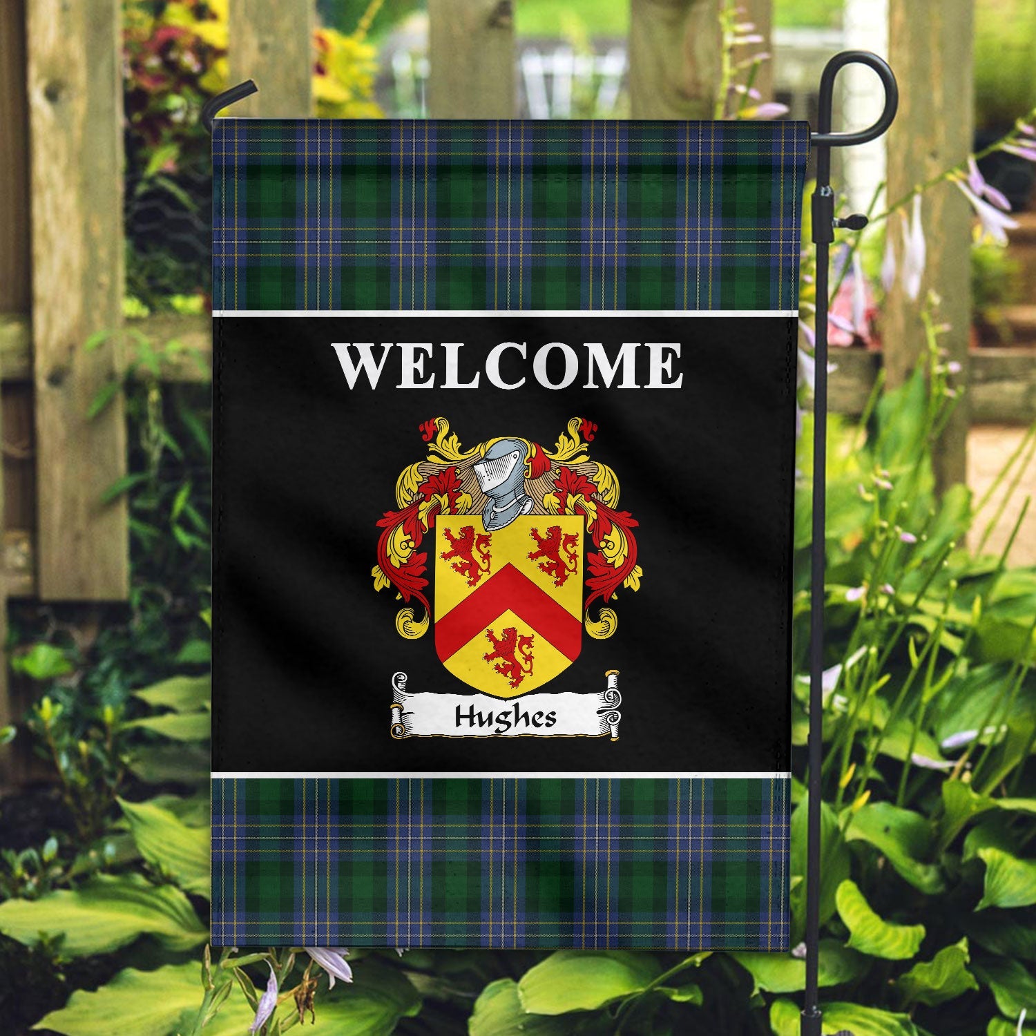 Clan Hughes Tartan Crest Black Garden Flag RD67 Clan Garden Tartan Today   
