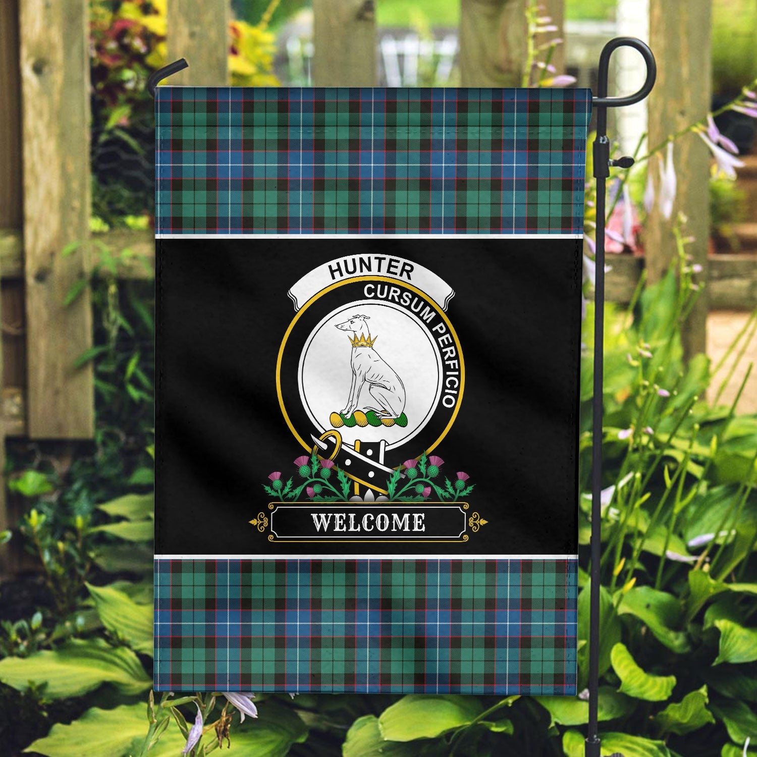 Clan Hunter Ancient Tartan Crest Garden Flag  - Welcome  TM82 Clan Hunter Tartan Today   