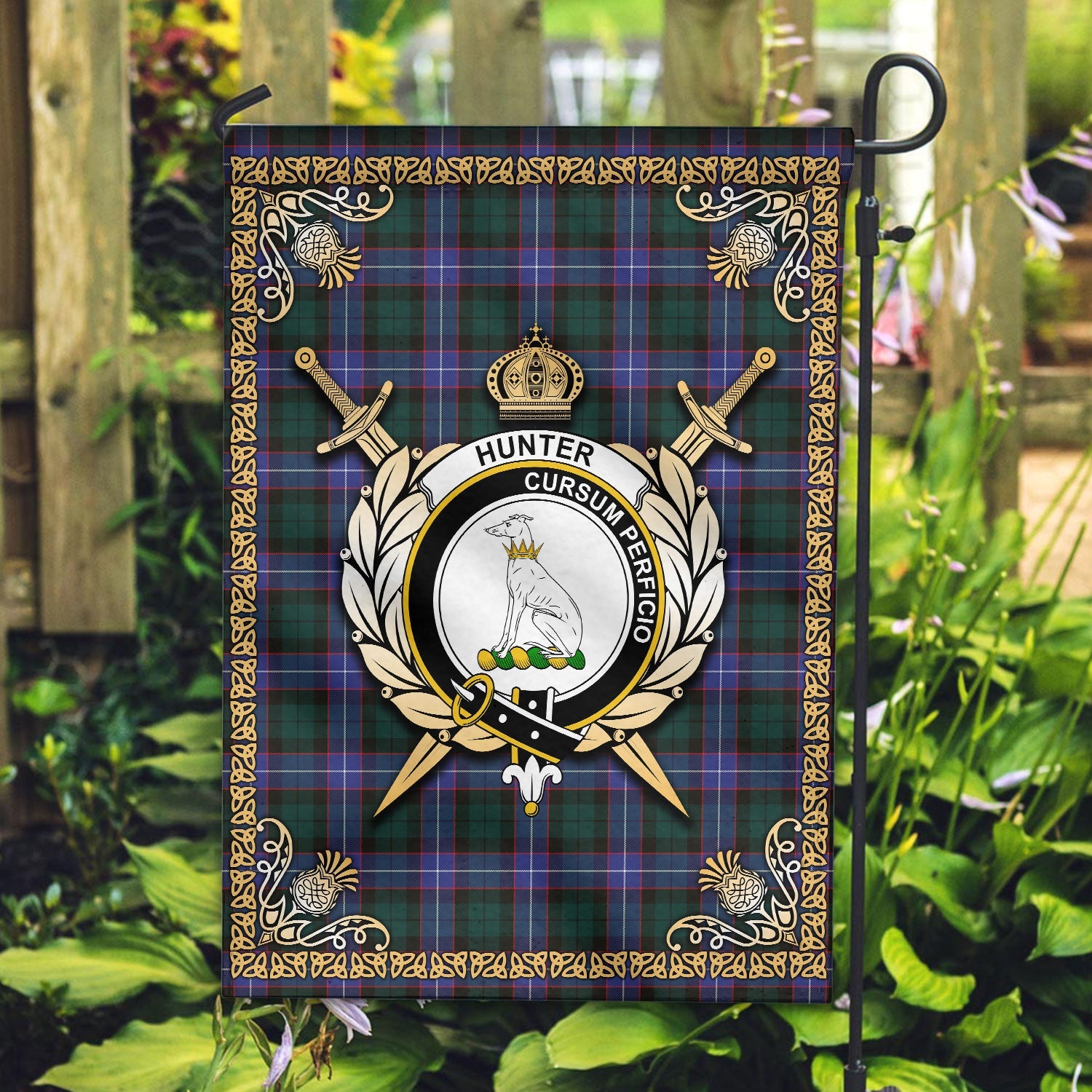 Clan Hunter Modern Tartan Crest Garden Flag  - Celtic Thistle  XB36 Clan Hunter Tartan Today   