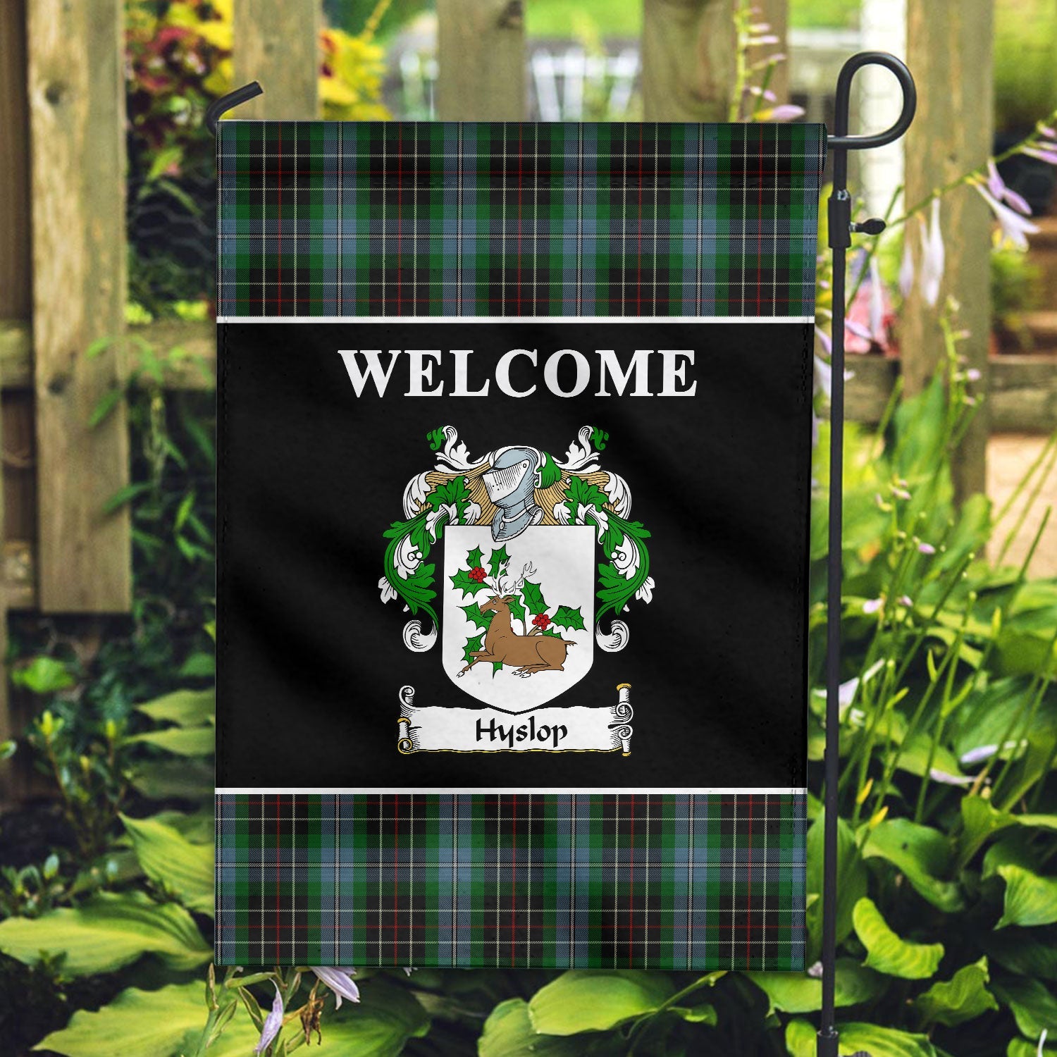 Clan Hyslop Tartan Crest Black Garden Flag AW17 Clan Garden Tartan Today   