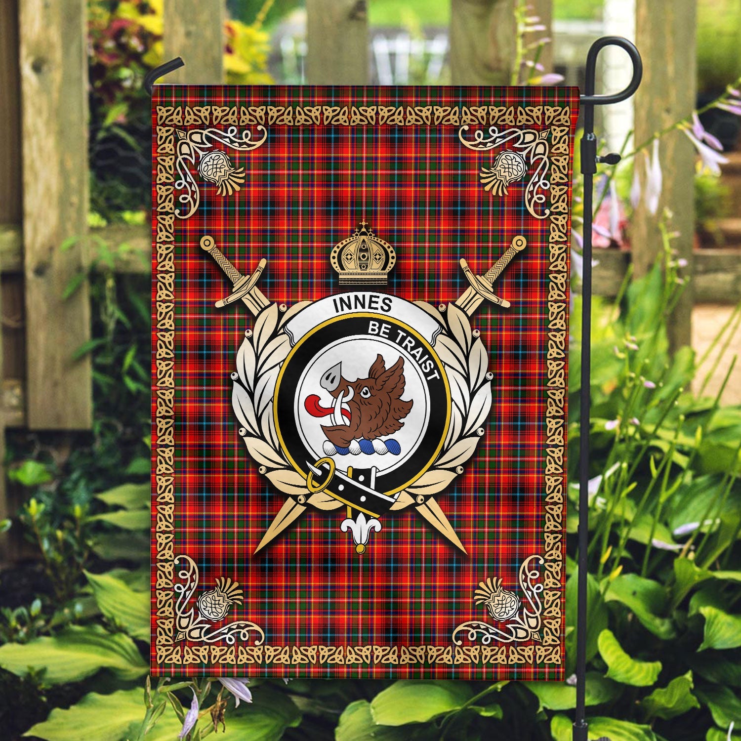Clan Innes Modern Tartan Crest Garden Flag  - Celtic Thistle  YO45 Clan Innes Tartan Today   
