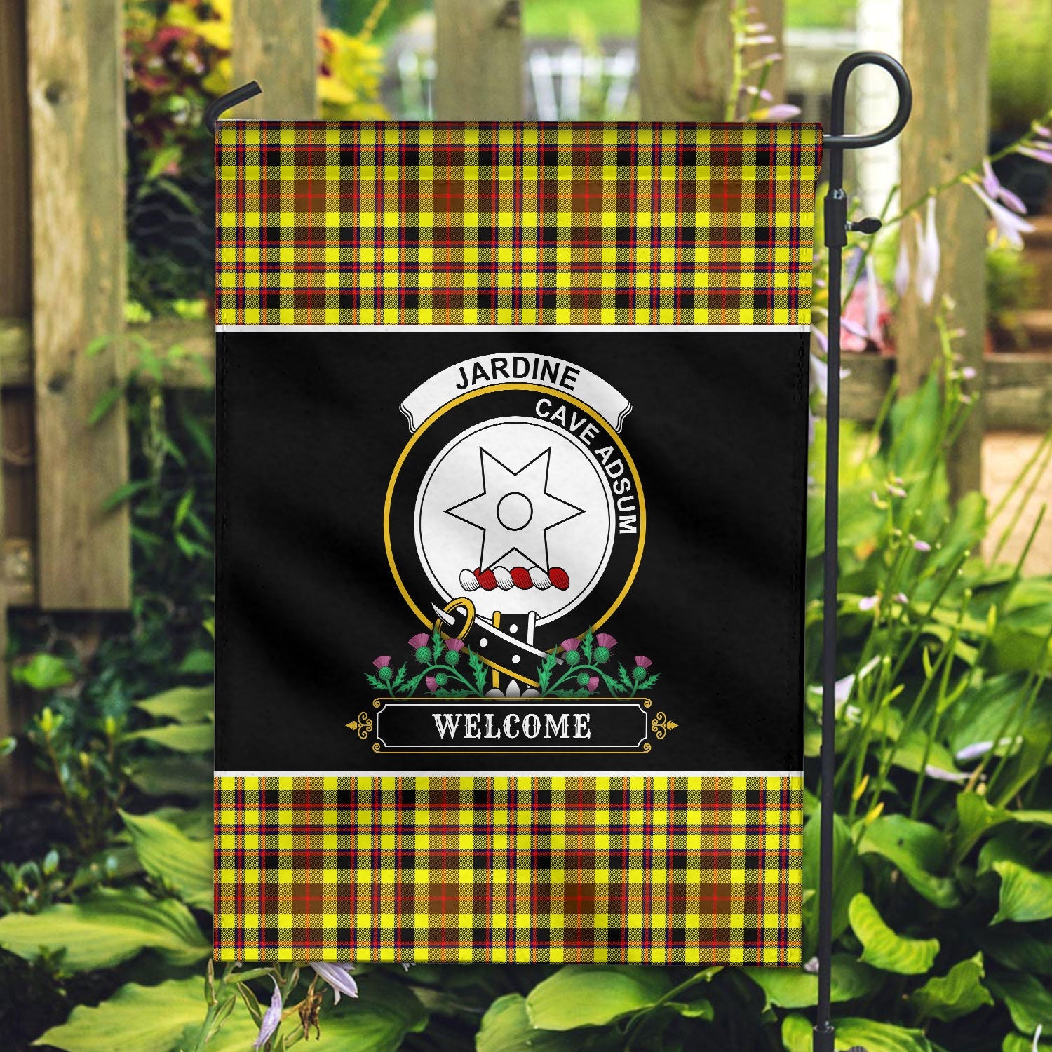 Clan Jardine Tartan Crest Garden Flag  - Welcome  ZS46 Clan Jardine Tartan Today   
