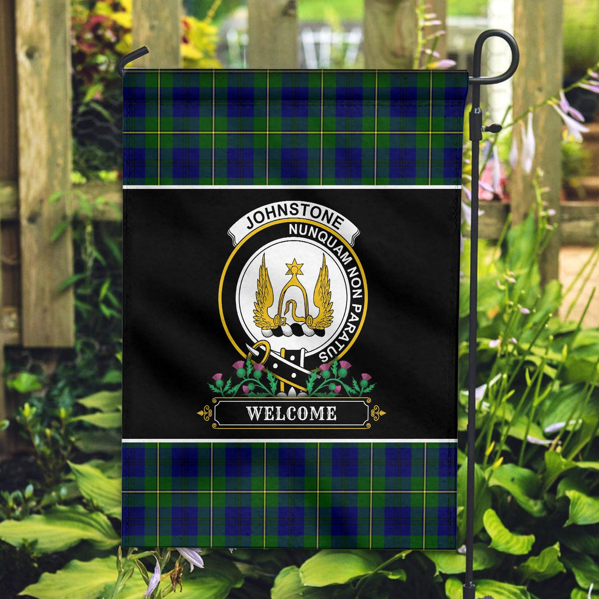 Clan Johnstone Modern Tartan Crest Garden Flag  - Welcome  PU81 Clan Johnstone Tartan Today   