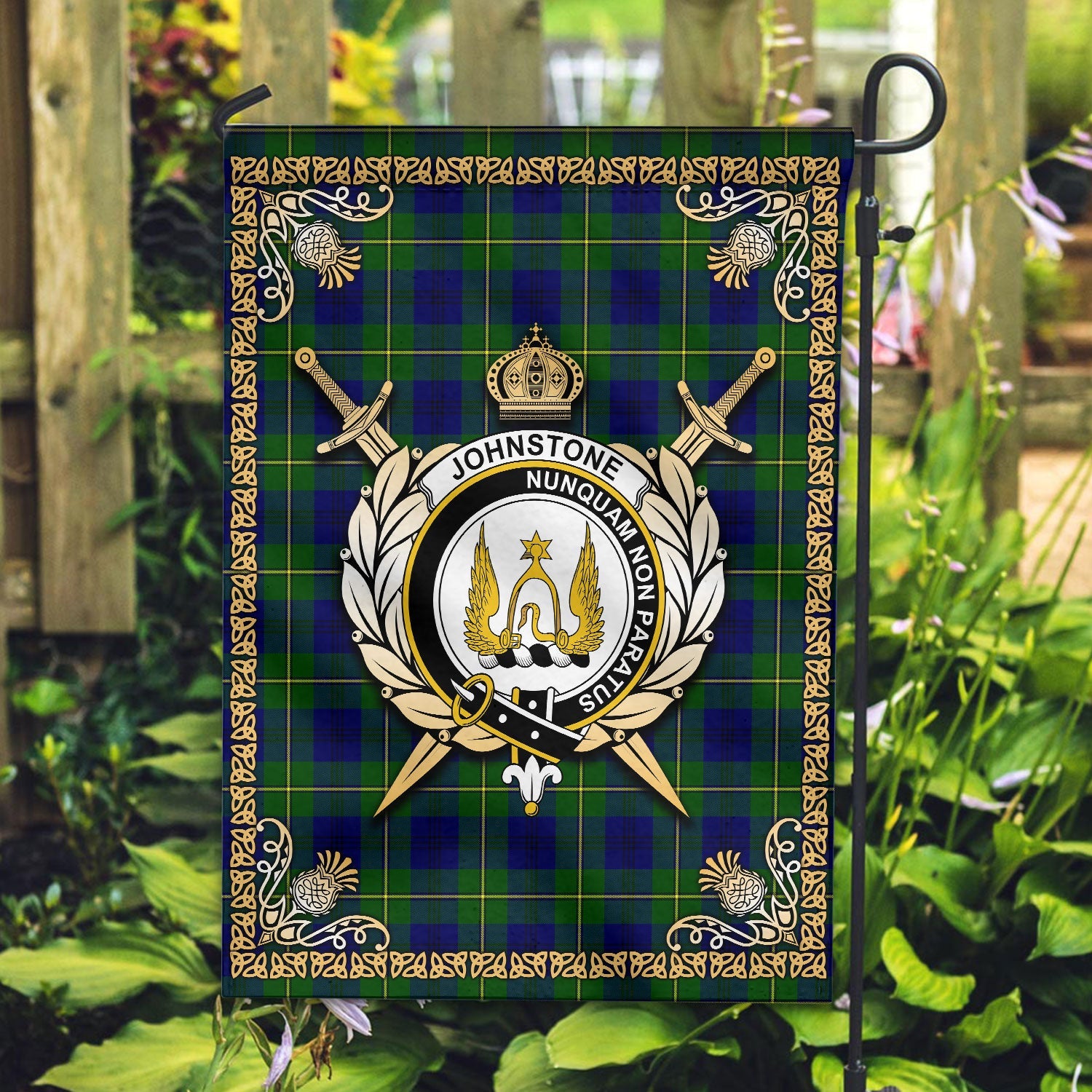 Clan Johnstone Modern Tartan Crest Garden Flag  - Celtic Thistle  NT73 Clan Johnstone Tartan Today   