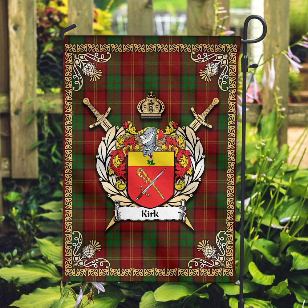 Clan Kirk Tartan Crest Black Garden Flag  - Gold Thistle  NO15 Clan Kirk Tartan Today   