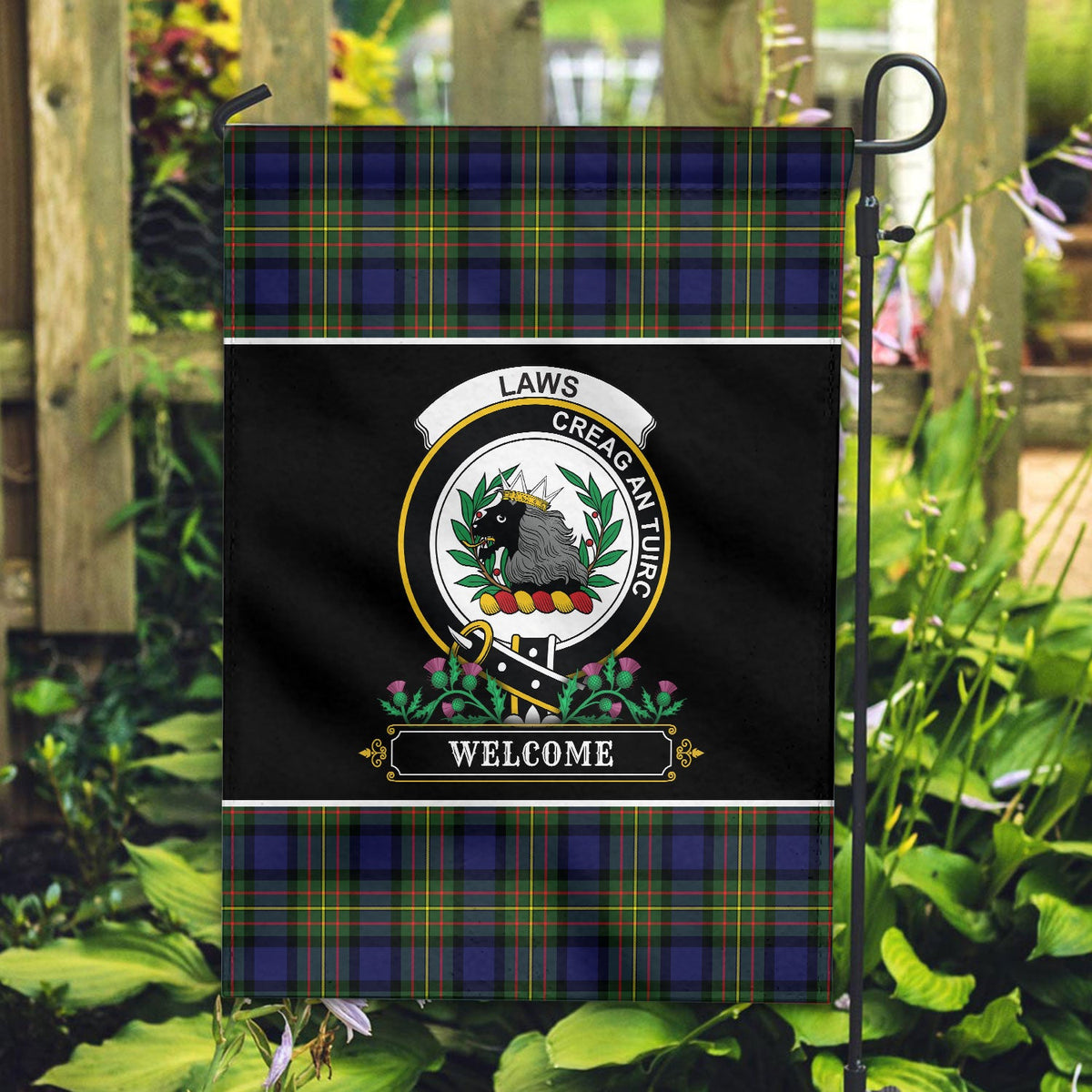 Clan Laws Tartan Crest Garden Flag  - Welcome  FT63 Clan Garden Tartan Today   