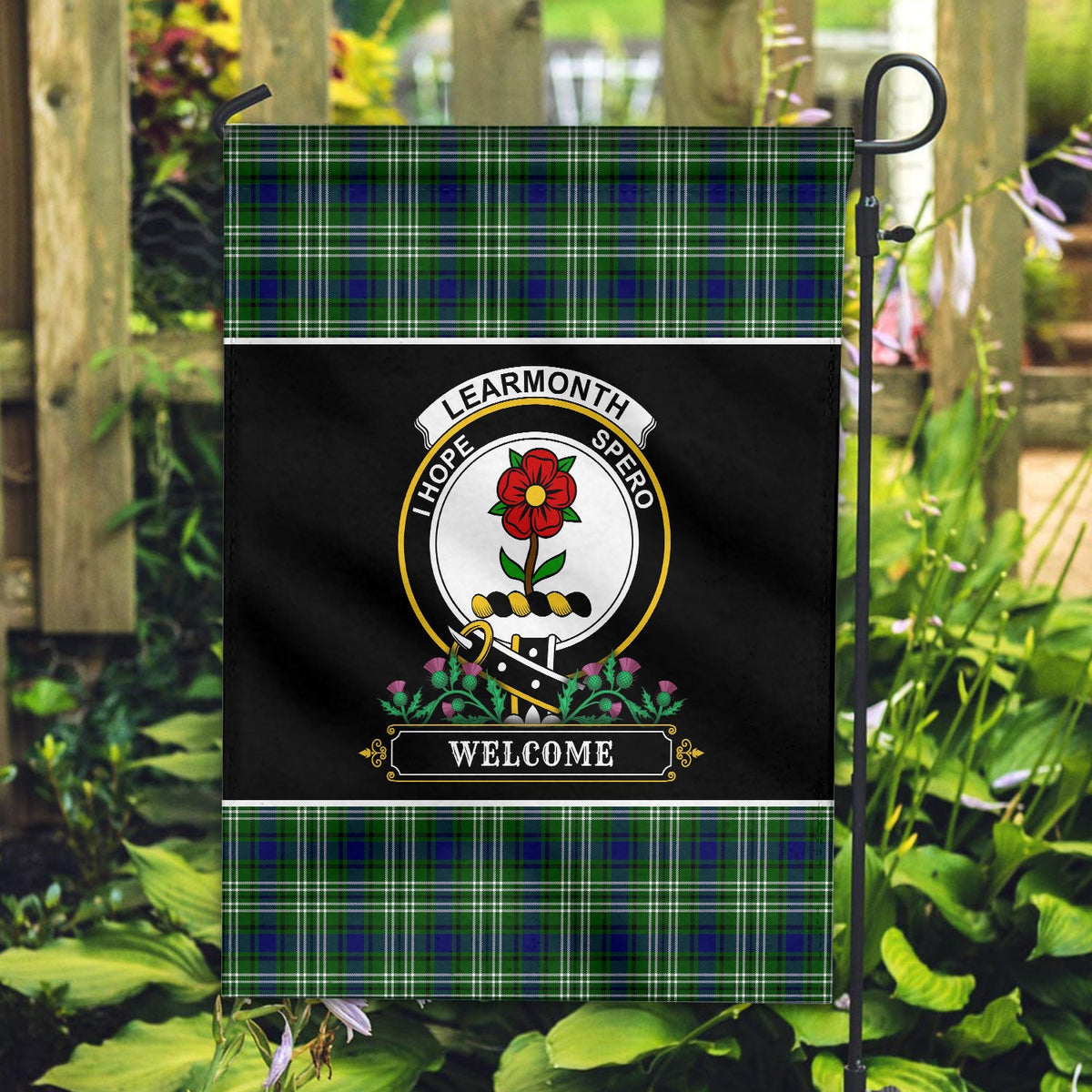 Clan Learmonth Tartan Crest Garden Flag  - Welcome  FK79 Clan Learmonth Tartan Today   