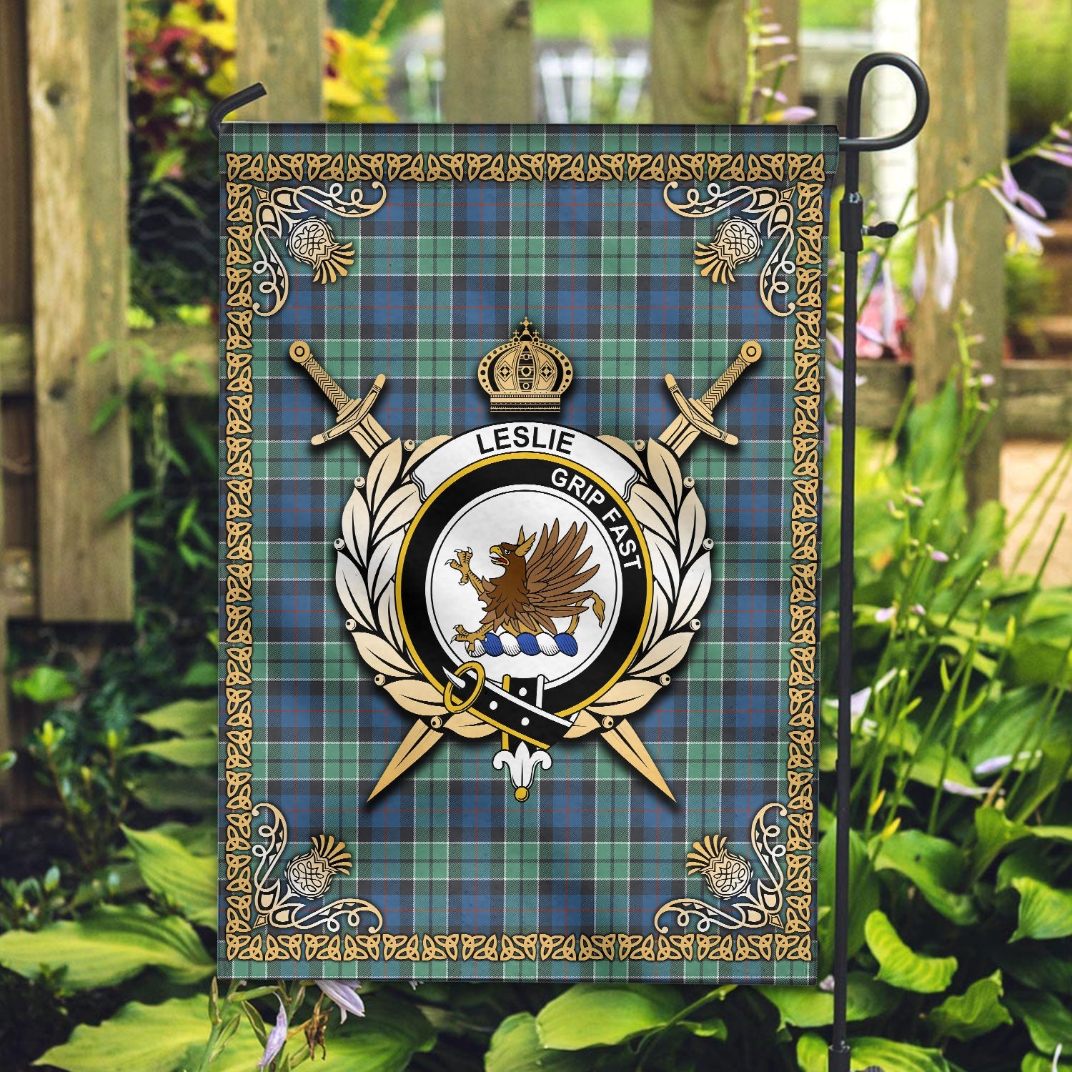 Clan Leslie Hunting Ancient Tartan Crest Garden Flag  - Celtic Thistle  KO10 Clan Leslie Tartan Today   