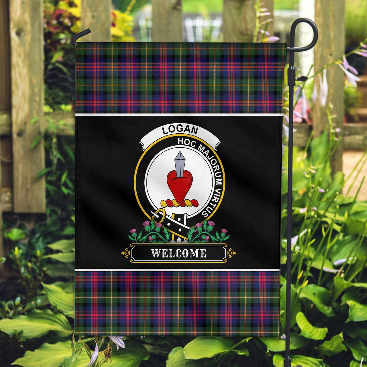 Clan Logan Modern Tartan Crest Garden Flag  - Welcome  JD62 Clan Logan Tartan Today   