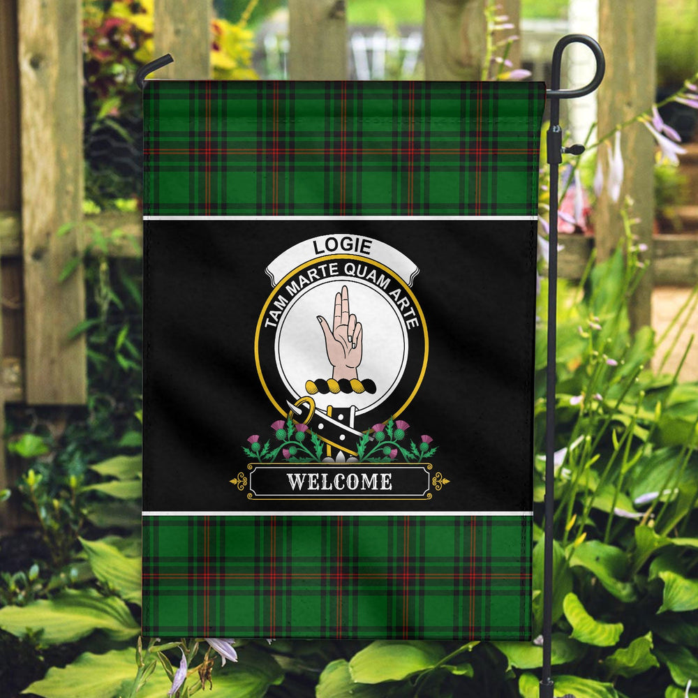 Clan Logie Tartan Crest Garden Flag  - Welcome  KM79 Clan Logie Tartan Today   
