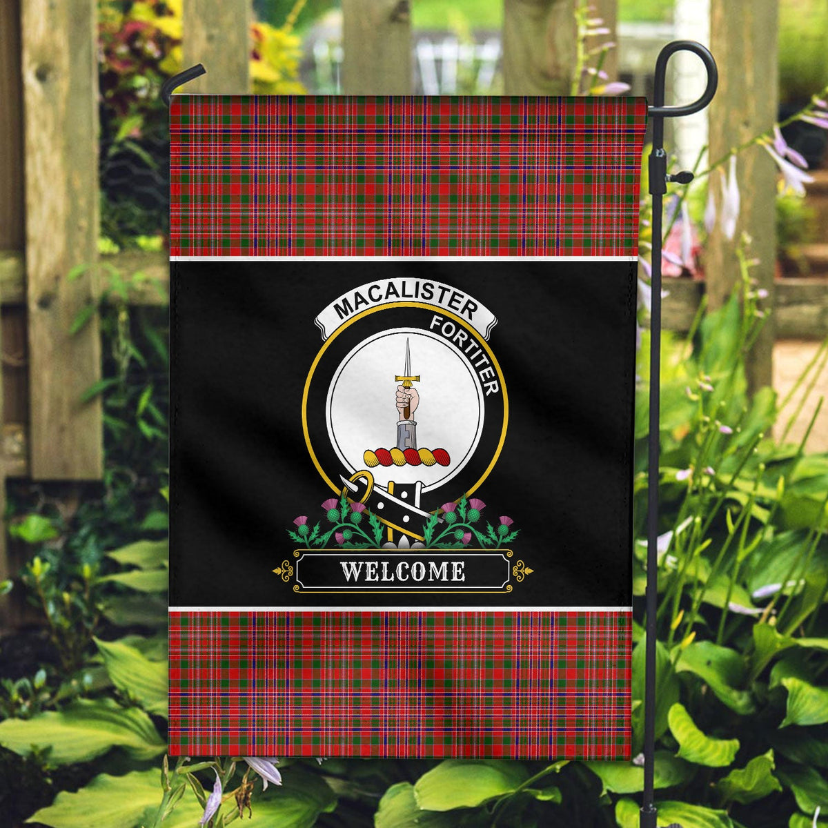 Clan MacAlister Modern Tartan Crest Garden Flag  - Welcome  GQ29 Clan MacAlister Tartan Today   