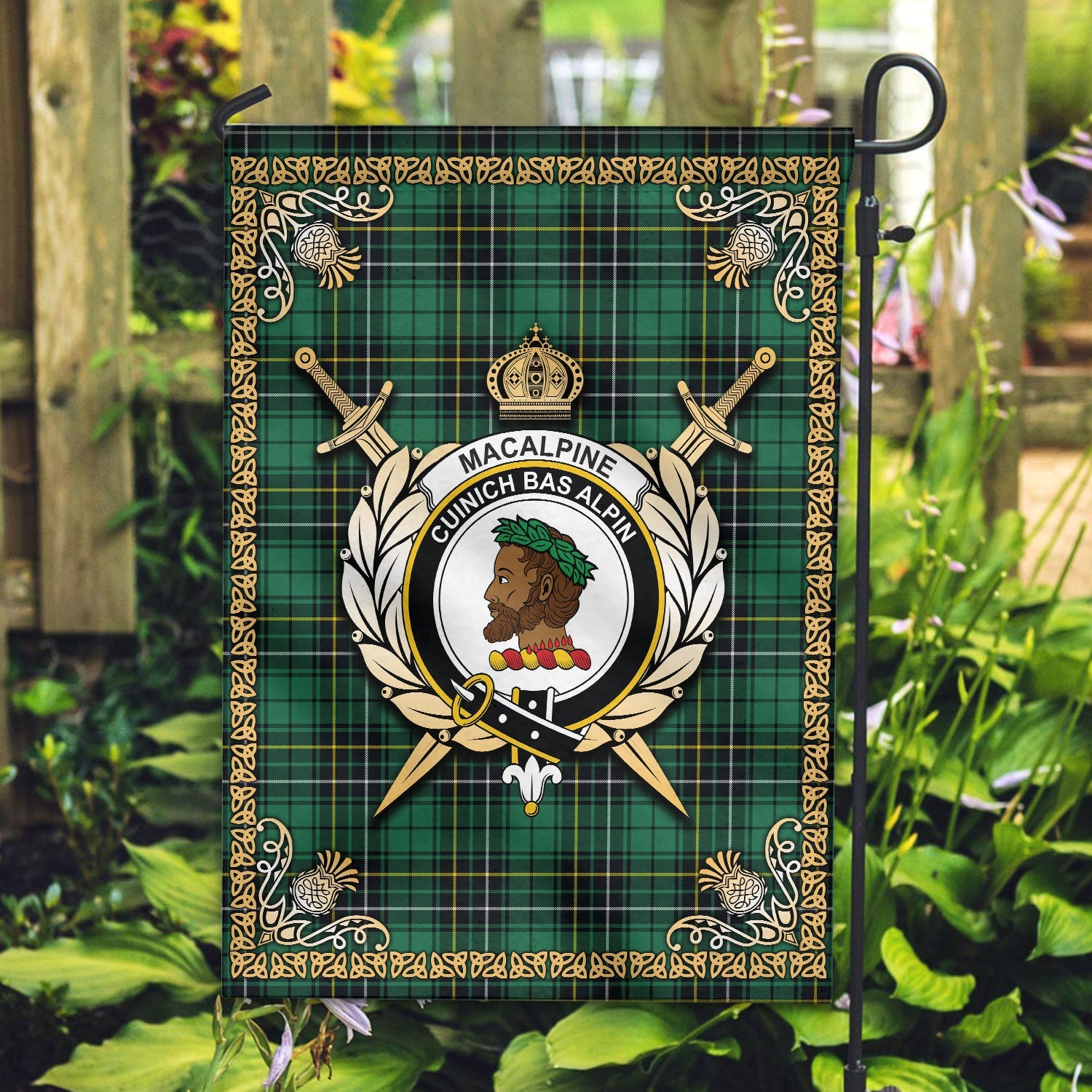 Clan MacAlpine Ancient Tartan Crest Garden Flag  - Celtic Thistle  IN63 Clan MacAlpine Tartan Today   