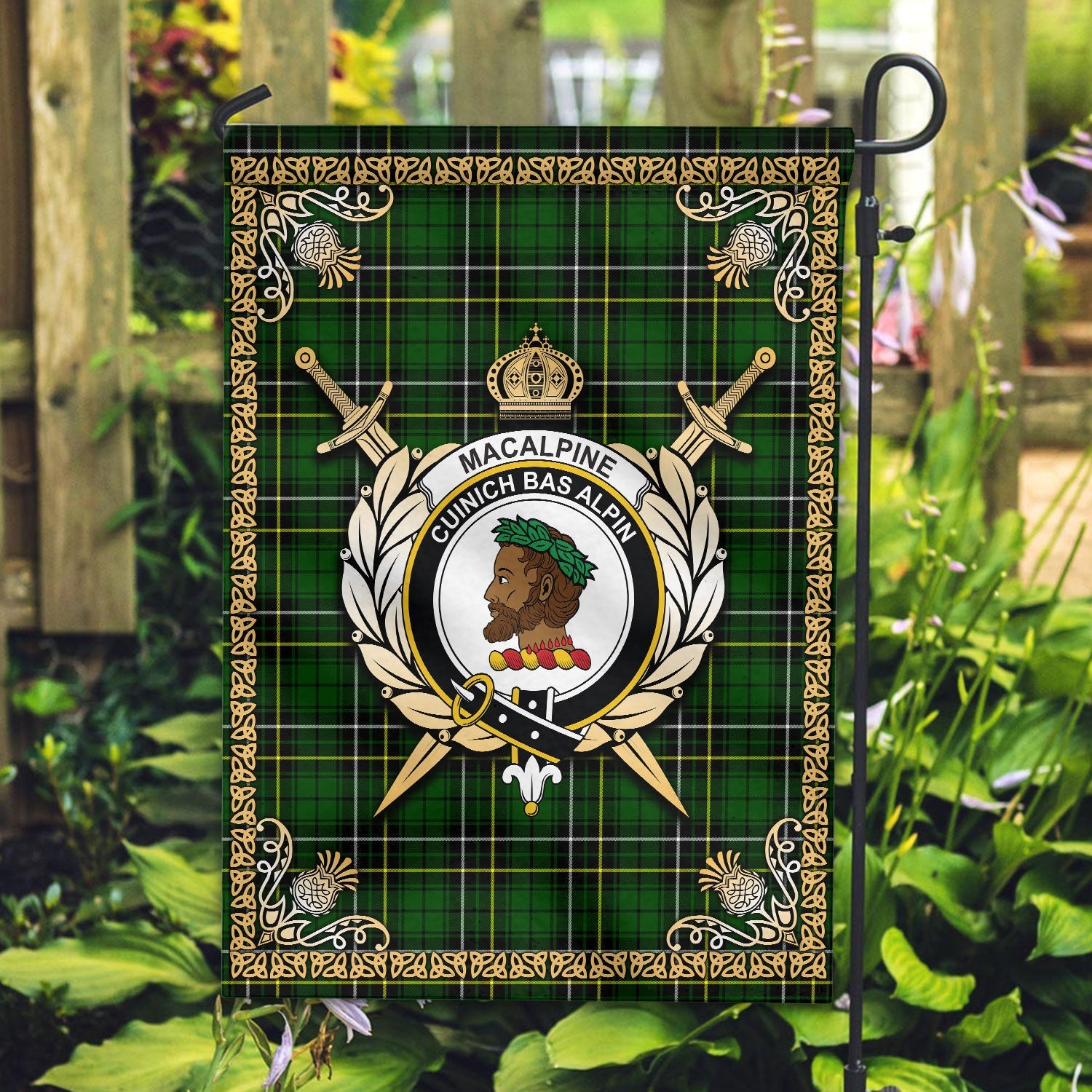 Clan MacAlpine Modern Tartan Crest Garden Flag  - Celtic Thistle  EI39 Clan MacAlpine Tartan Today   