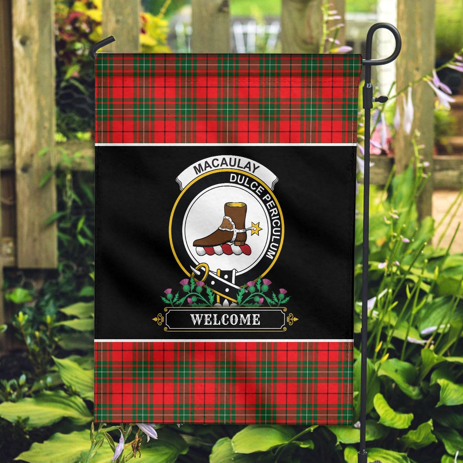 Clan MacAulay Modern Tartan Crest Garden Flag  - Welcome  OO32 Clan MacAulay Tartan Today   