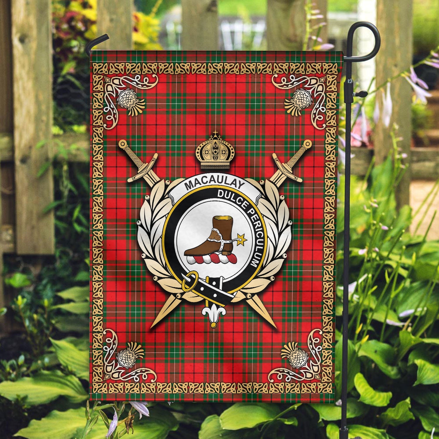 Clan MacAulay Modern Tartan Crest Garden Flag  - Celtic Thistle  LR21 Clan MacAulay Tartan Today   