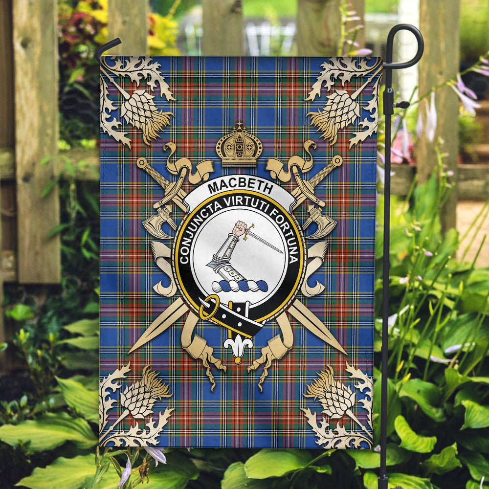 Clan MacBeth Ancient Tartan Crest Black Garden Flag  - Gold Thistle  GA10 Clan MacBeth Tartan Today   