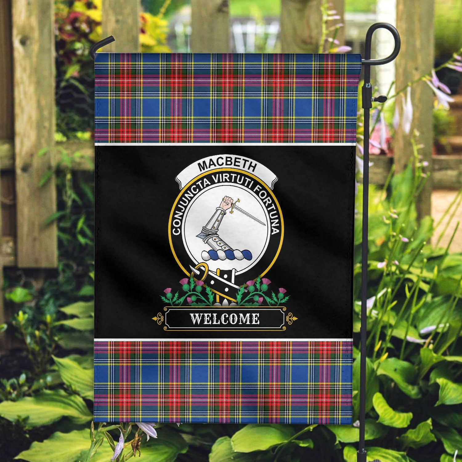 Clan MacBeth Modern Tartan Crest Garden Flag  - Welcome  RL25 Clan MacBeth Tartan Today   