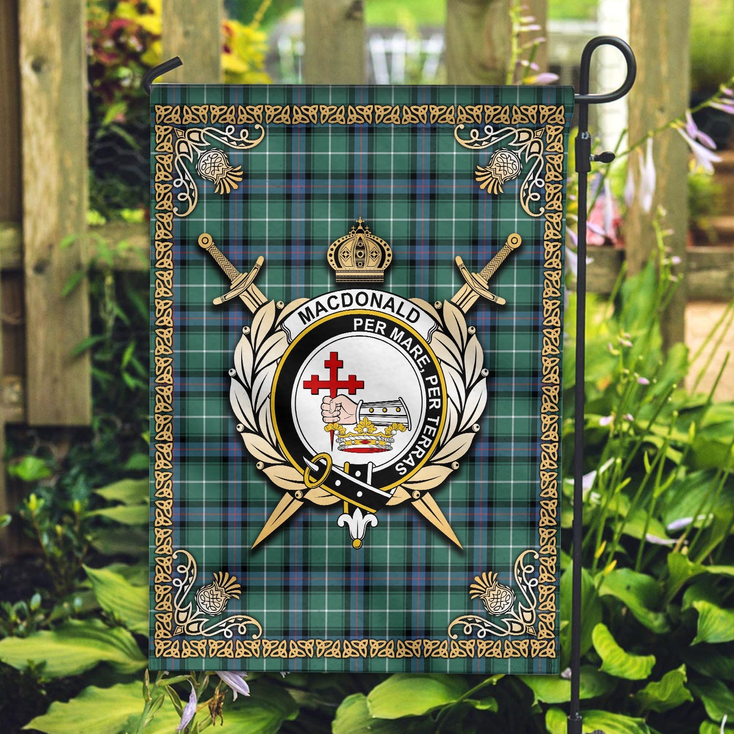 Clan MacDonald of the Isles Hunting Ancient Tartan Crest Garden Flag  - Celtic Thistle  LQ30 Clan MacDonald Tartan Today   
