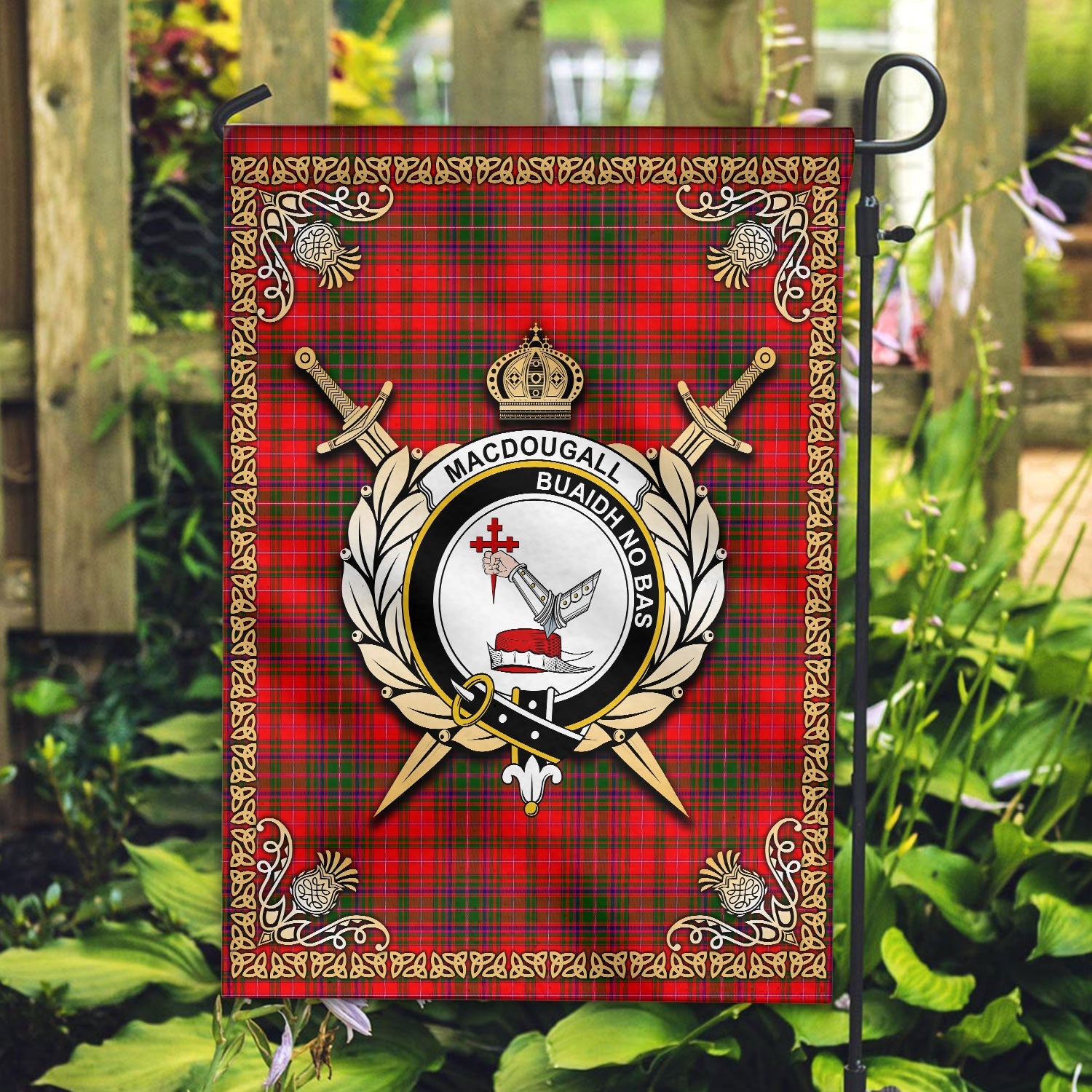 Clan MacDougall Modern Tartan Crest Garden Flag  - Celtic Thistle  PJ60 Clan MacDougall Tartan Today   