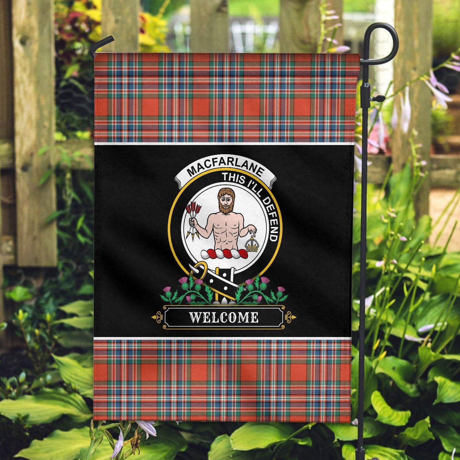 Clan MacFarlane Ancient Tartan Crest Garden Flag  - Welcome  SS31 Clan MacFarlane Tartan Today   