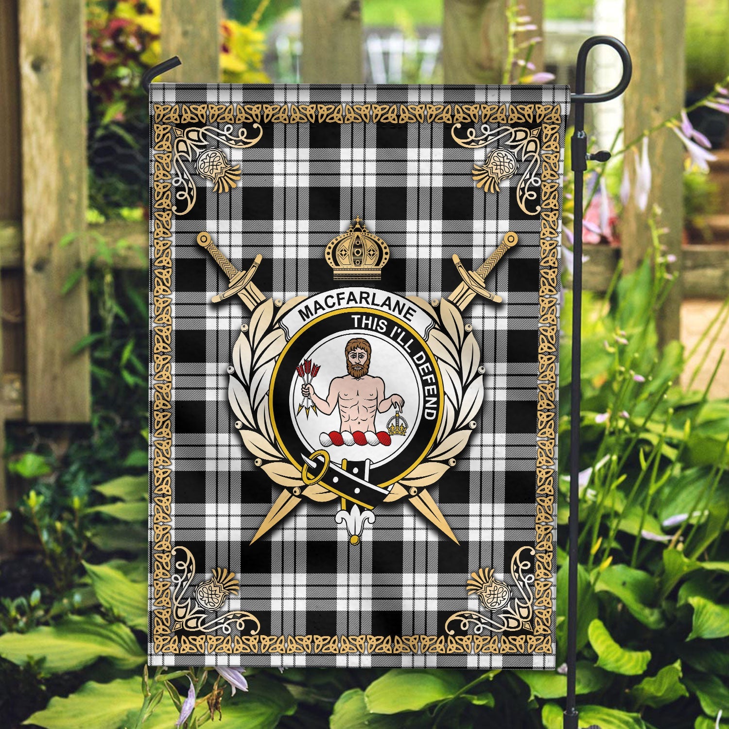 Clan MacFarlane Black _ White Tartan Crest Garden Flag  - Celtic Thistle  GM26 Clan MacFarlane Tartan Today   
