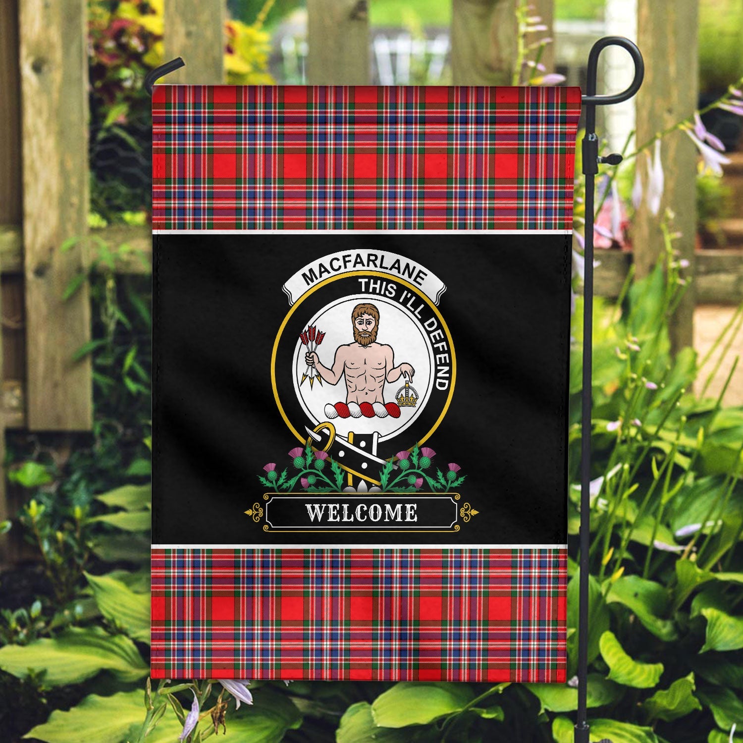 Clan MacFarlane Modern Tartan Crest Garden Flag  - Welcome  BD14 Clan MacFarlane Tartan Today   