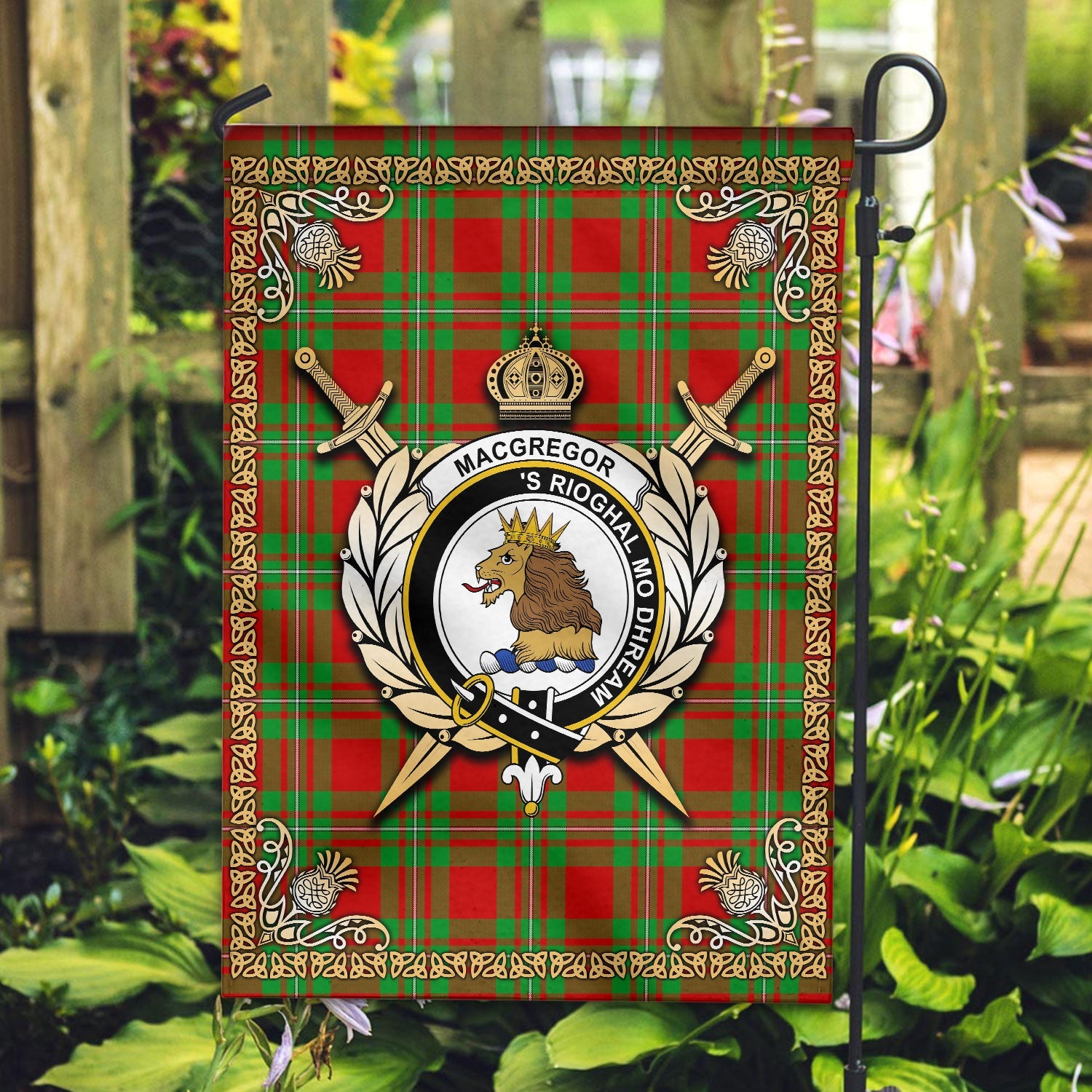 Clan MacGregor Modern Tartan Crest Garden Flag  - Celtic Thistle  IP35 Clan MacGregor Tartan Today   