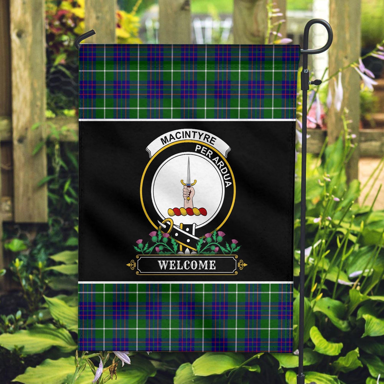 Clan MacIntyre Hunting Modern Tartan Crest Garden Flag  - Welcome  HF92 Clan MacIntyre Tartan Today   