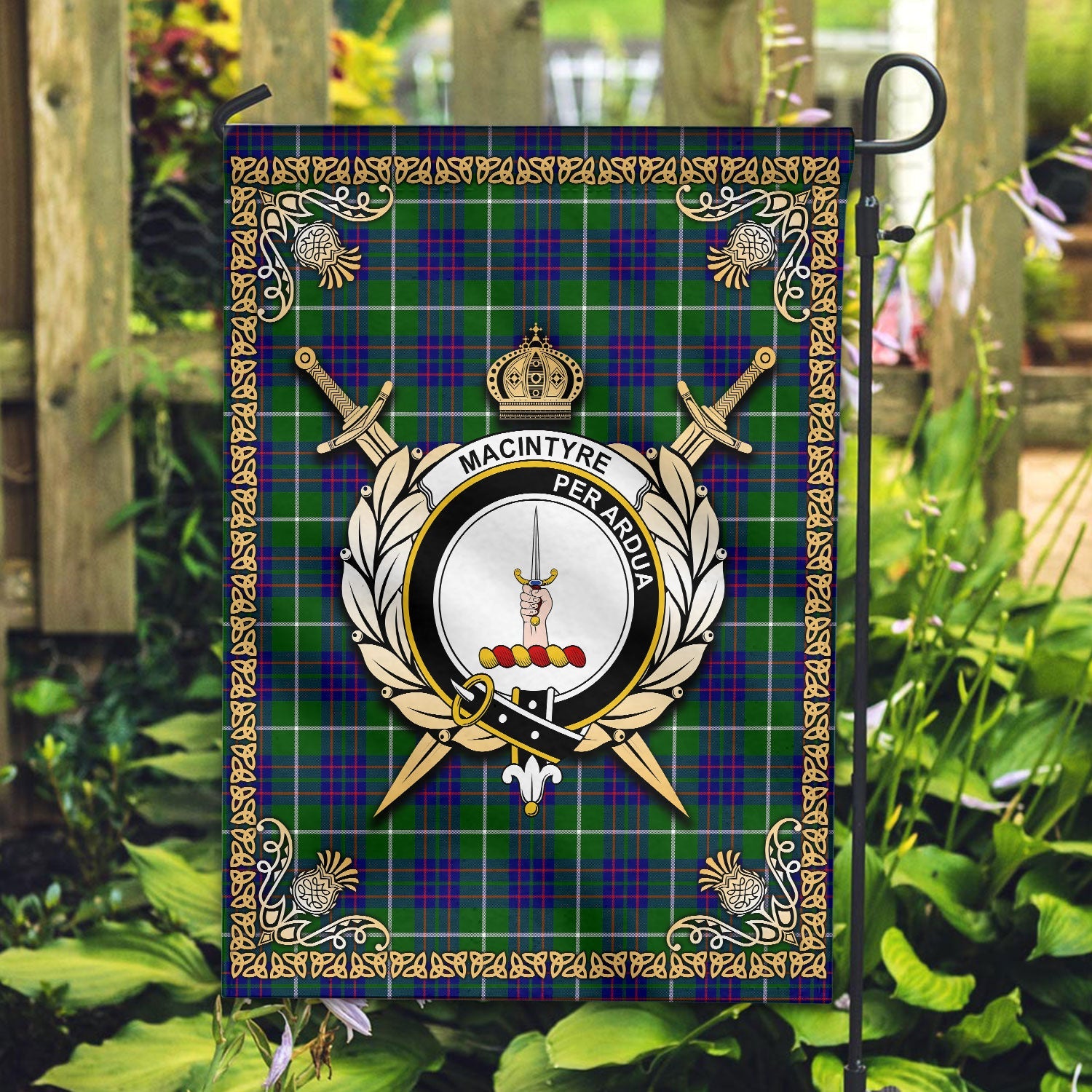 Clan MacIntyre Hunting Modern Tartan Crest Garden Flag  - Celtic Thistle  DB47 Clan MacIntyre Tartan Today   